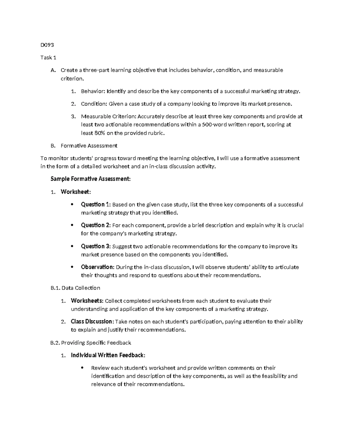 D093 Task 1: Developing Learning Objectives & Formative Assessments ...