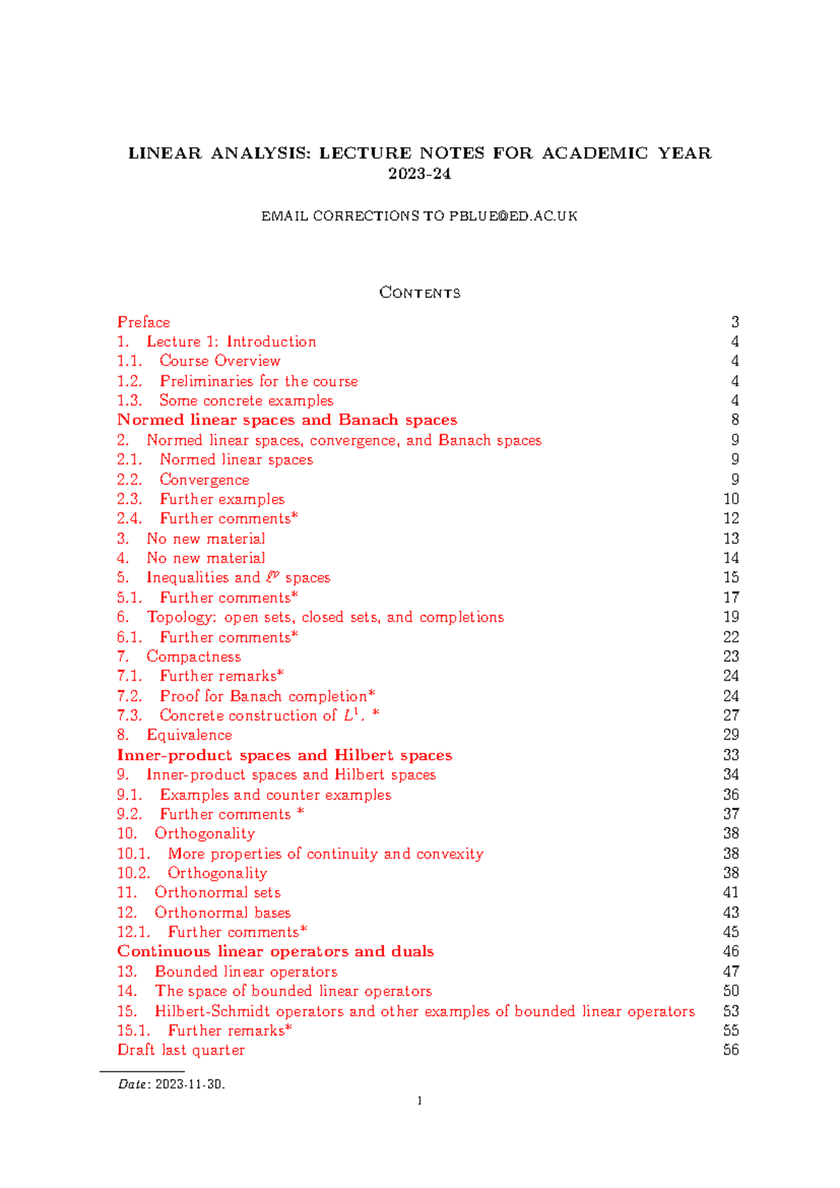 Linear Analysis 2023 11 30 - LINEAR ANALYSIS: LECTURE NOTES FOR ...