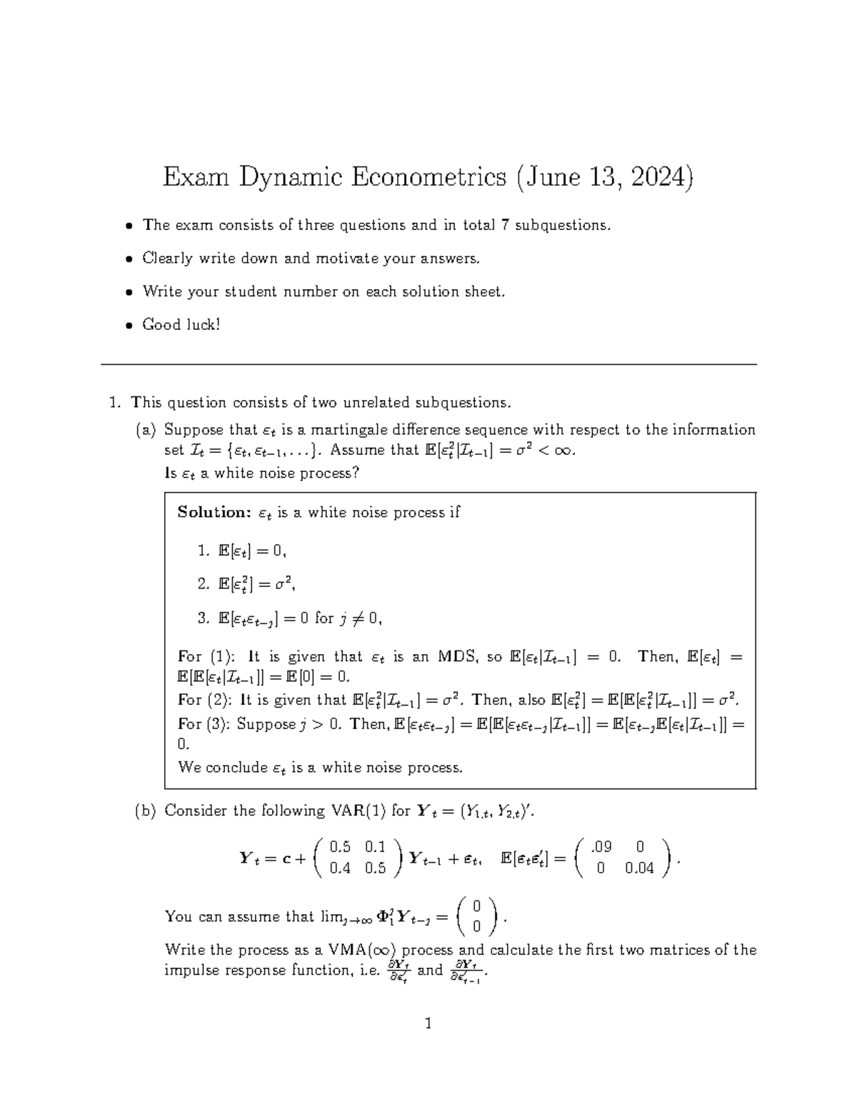 Dynamic Econometrics Exam Solutions (Course Code: DE 2024) - Studeersnel