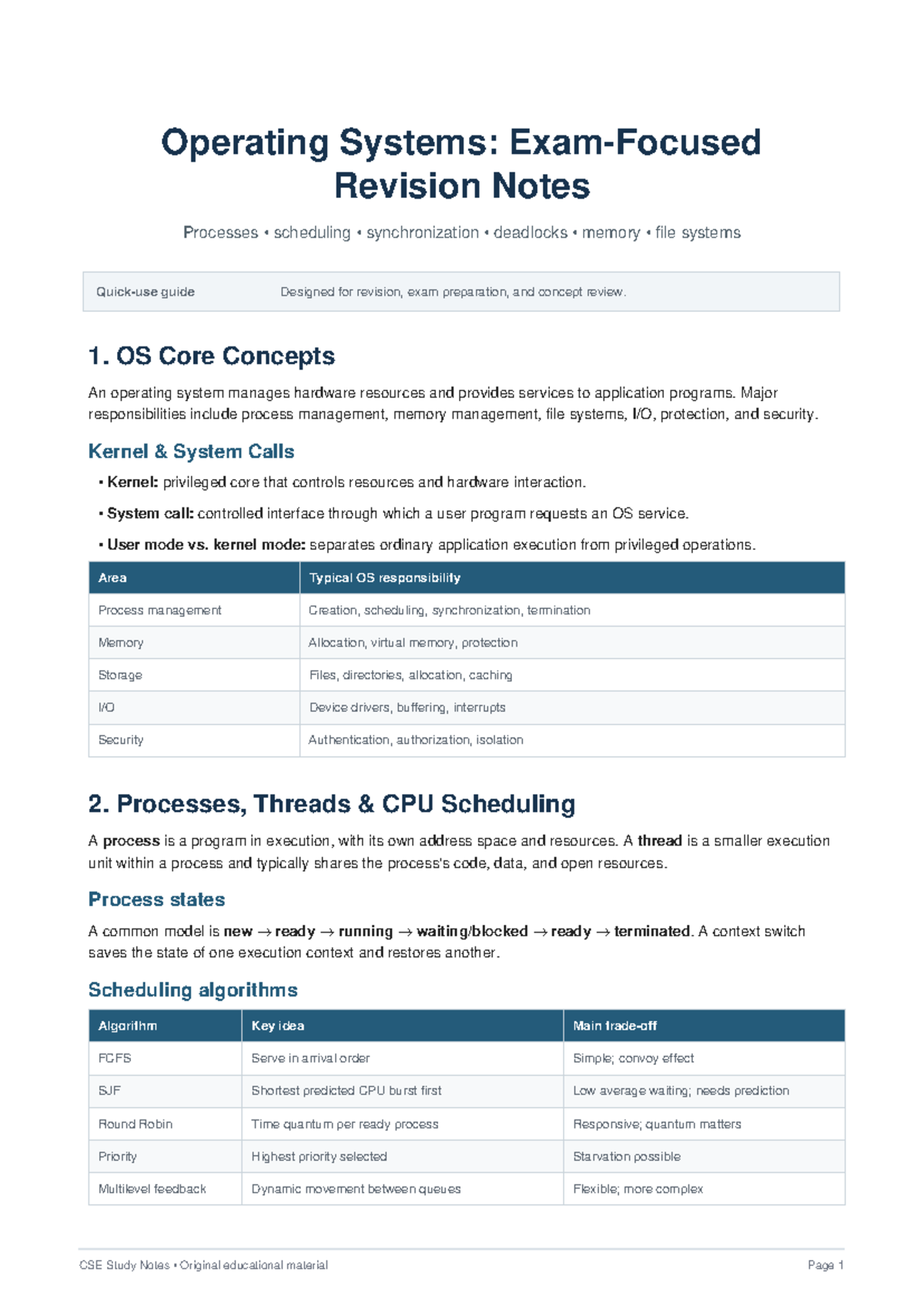 CSE 202: Operating Systems Revision Notes on Processes, Memory & File ...