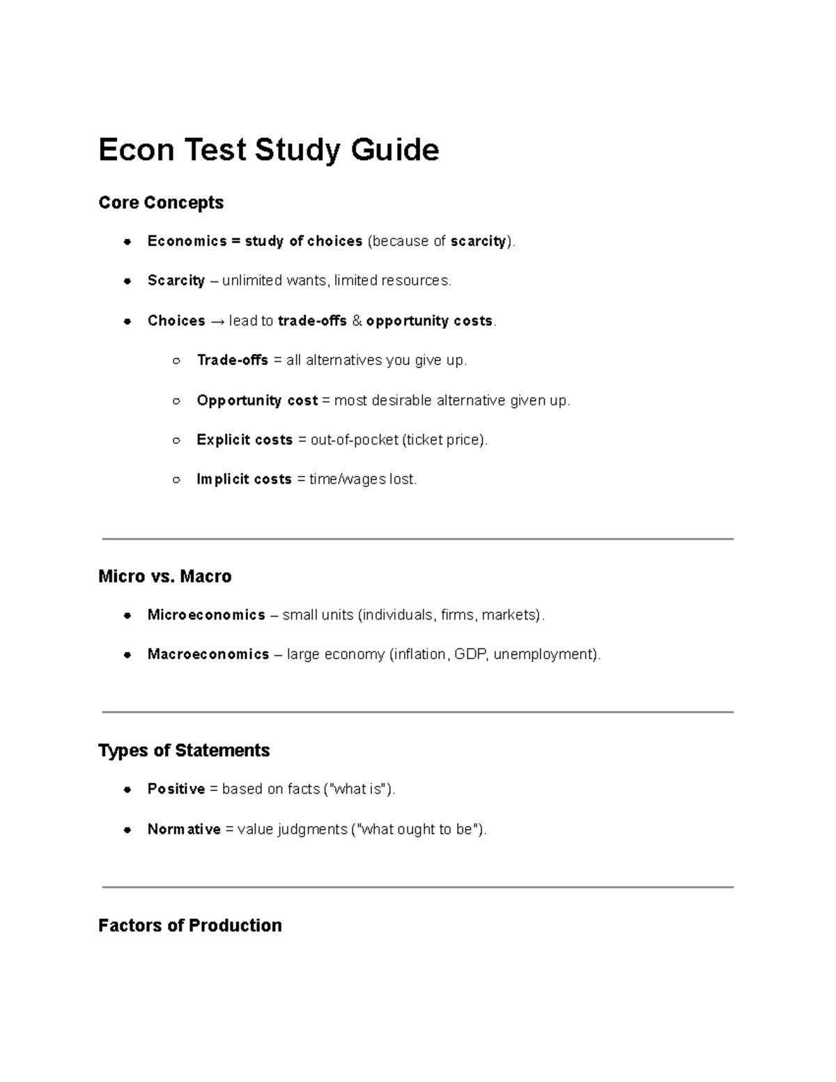 Econ 101: Test Study Guide on Core Concepts & Decision-Making - Studocu