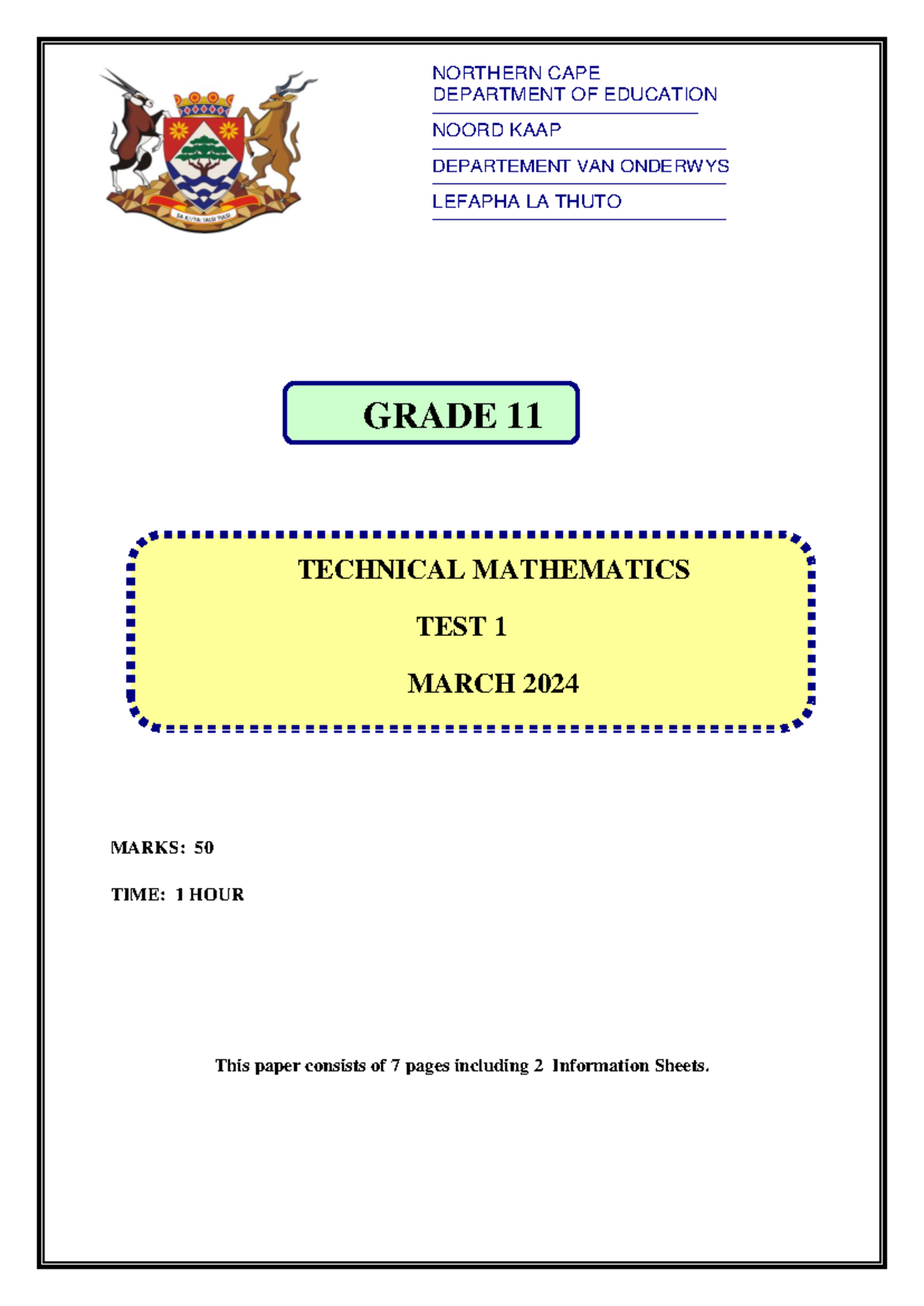 Gr 11 Technical Mathematics Test 1 - March 2024 - Studocu