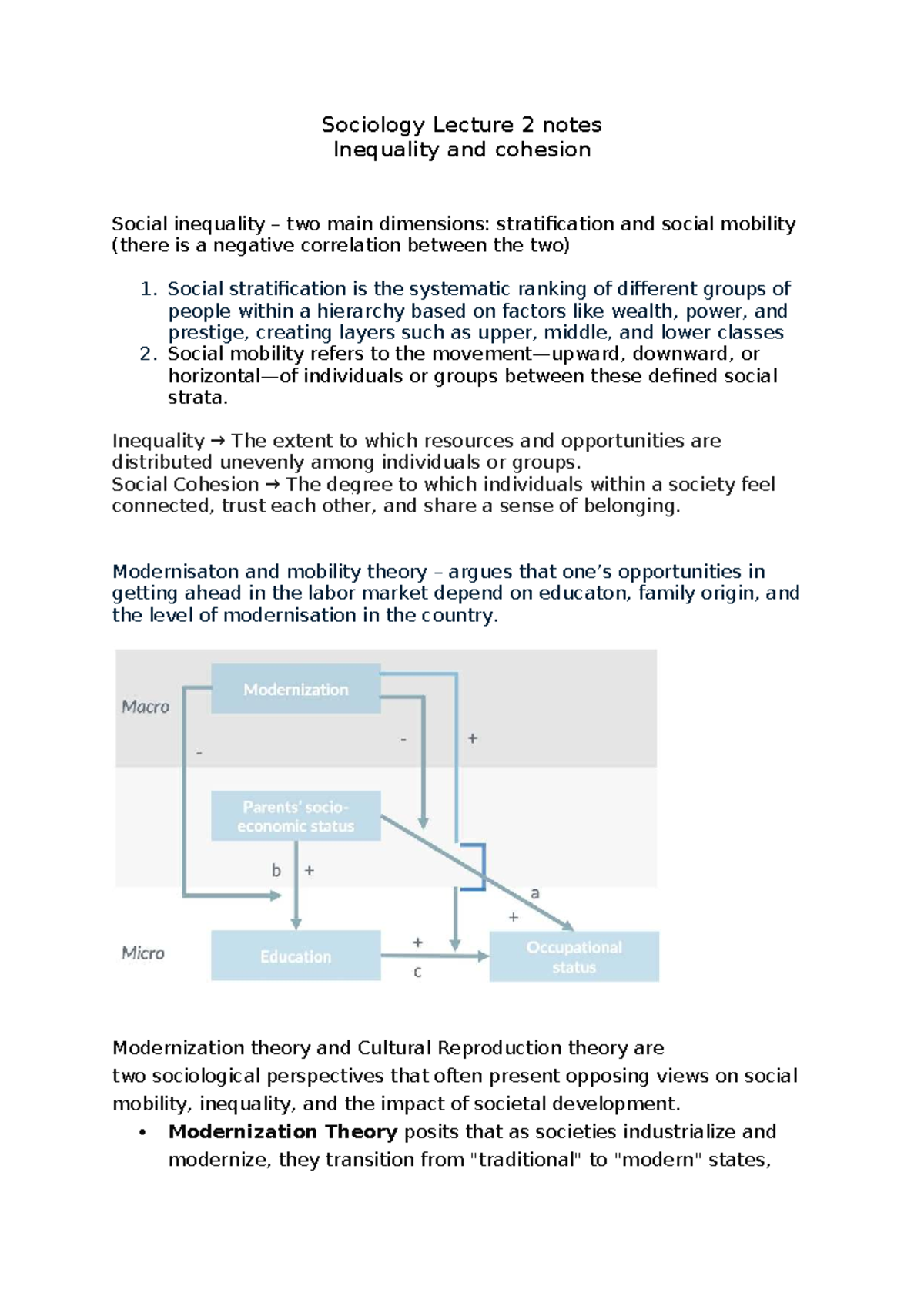 Sociology Lecture 2 Notes: Inequality, Cohesion, and Mobility - Studeersnel