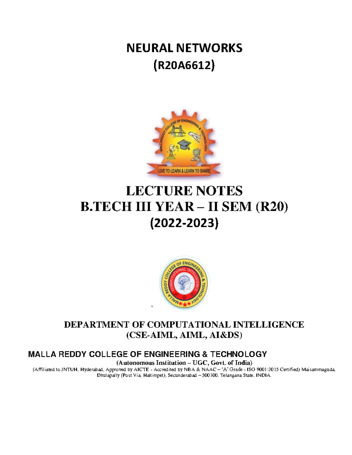 NEURAL NETWORKS (R20A6612) LECTURE NOTES FOR B.TECH II SEM (R20) - Studocu