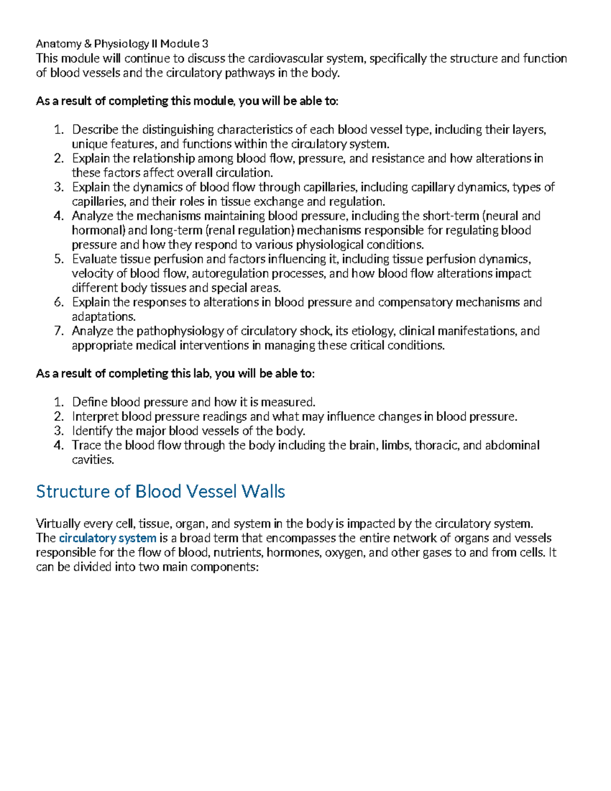Anatomy Physiology II Module 3 - Cardiovascular System Overview and ...