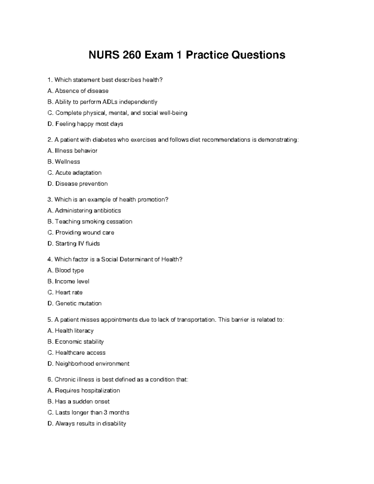 NURS 260 Final Exam 1 Practice Questions and Answers - Studocu