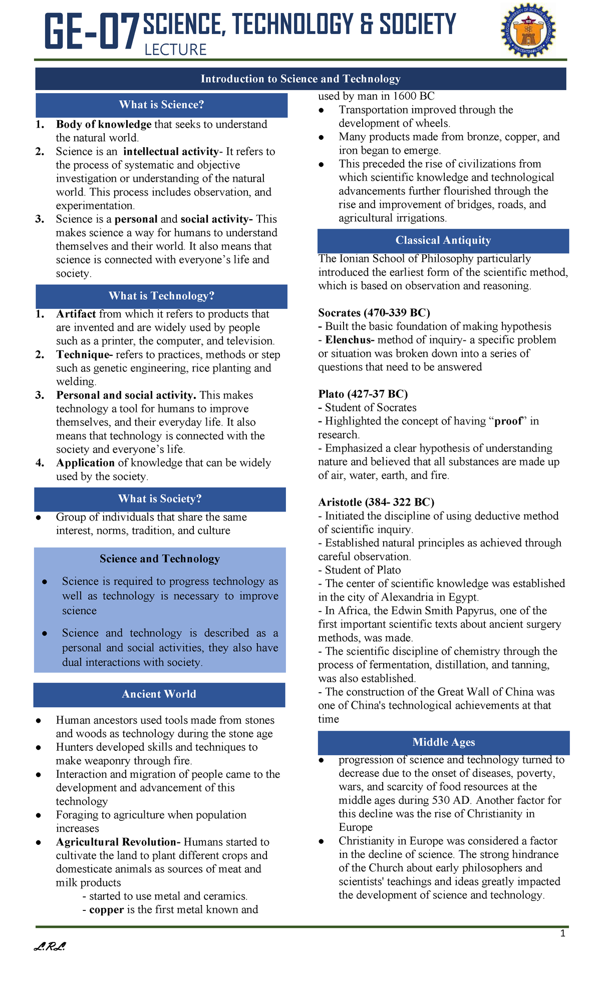 STS- Trans-UNIT1 - For science Technology and Society - 1 L.R. GE ...