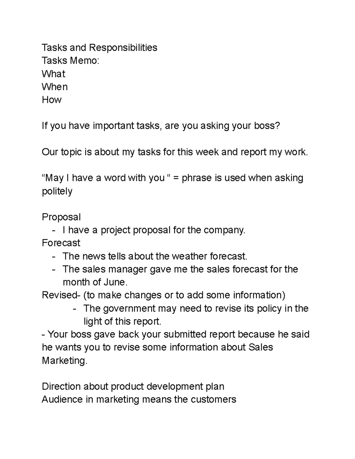 Communication with Boss - Tasks and Responsibilities Tasks Memo: What ...