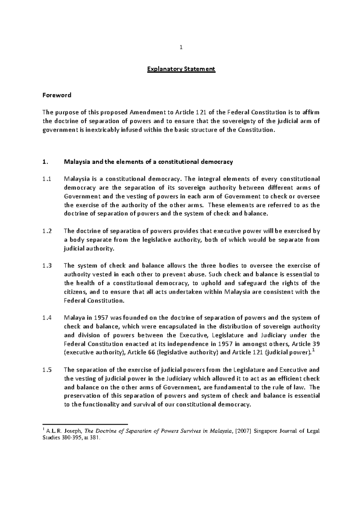 Amendment OF ART 121 - Explanatory Statement Foreword The purpose of ...