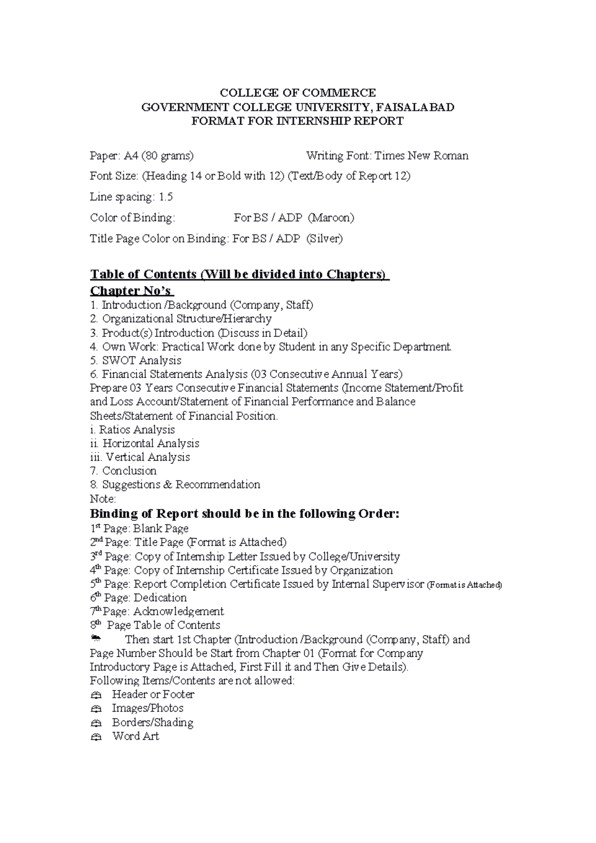 Internship Report Format - BS Commerce (GCC, Sahiwal) - Studocu