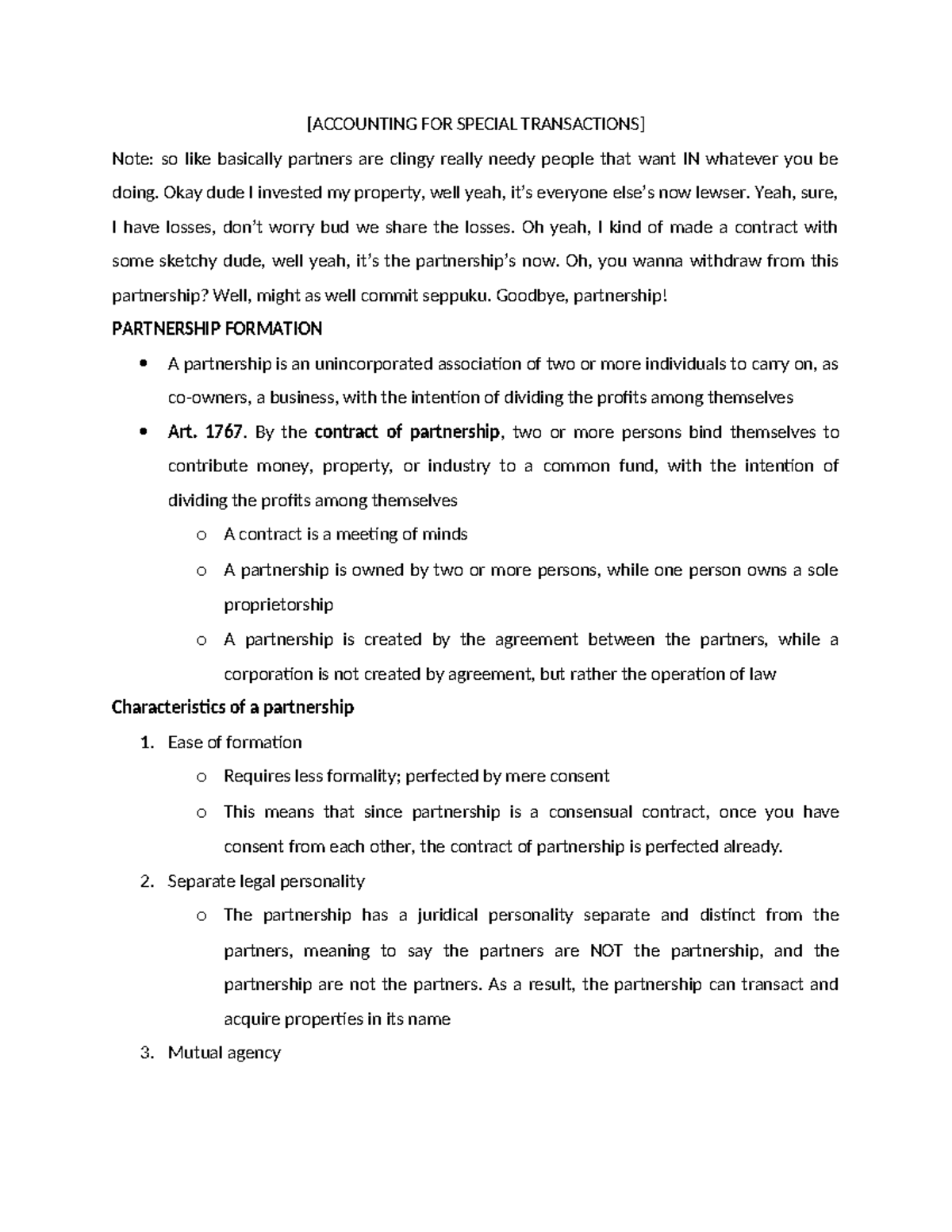 Accounting FOR Special Transactions ( Partnership Formation ...