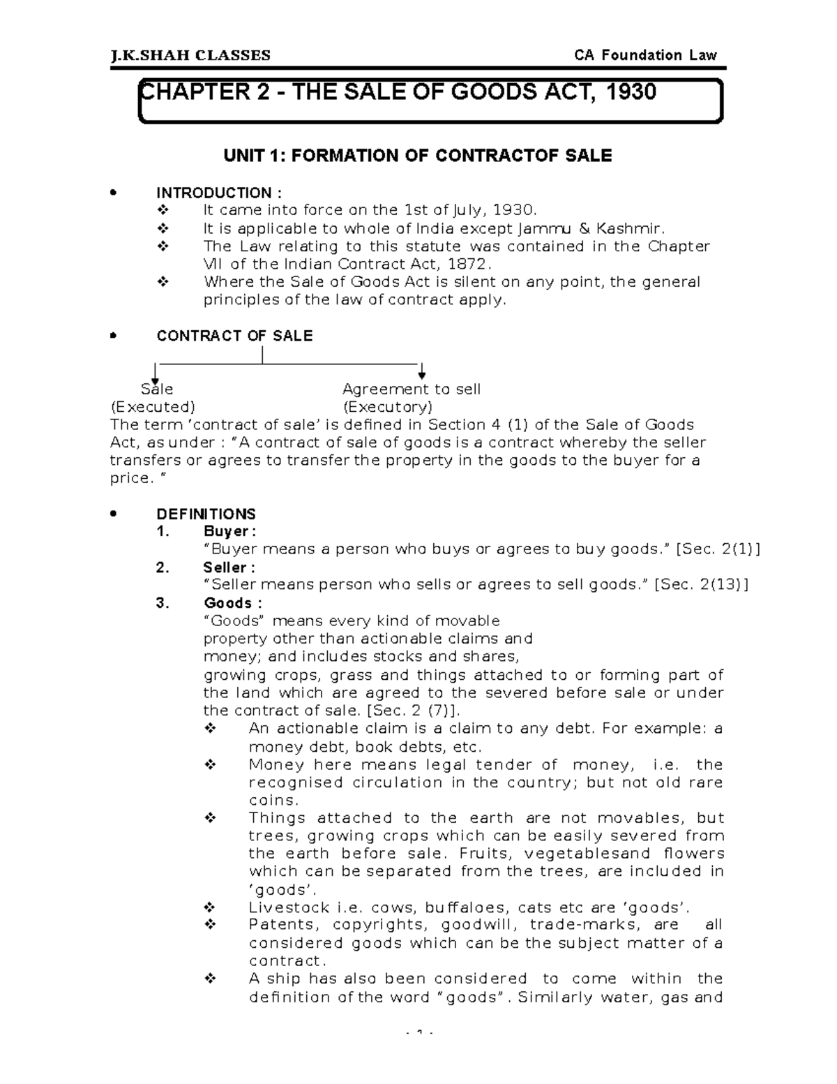 Sale of Goods Act Notes - J.K. Shah CA Foundation Law Course - Studocu