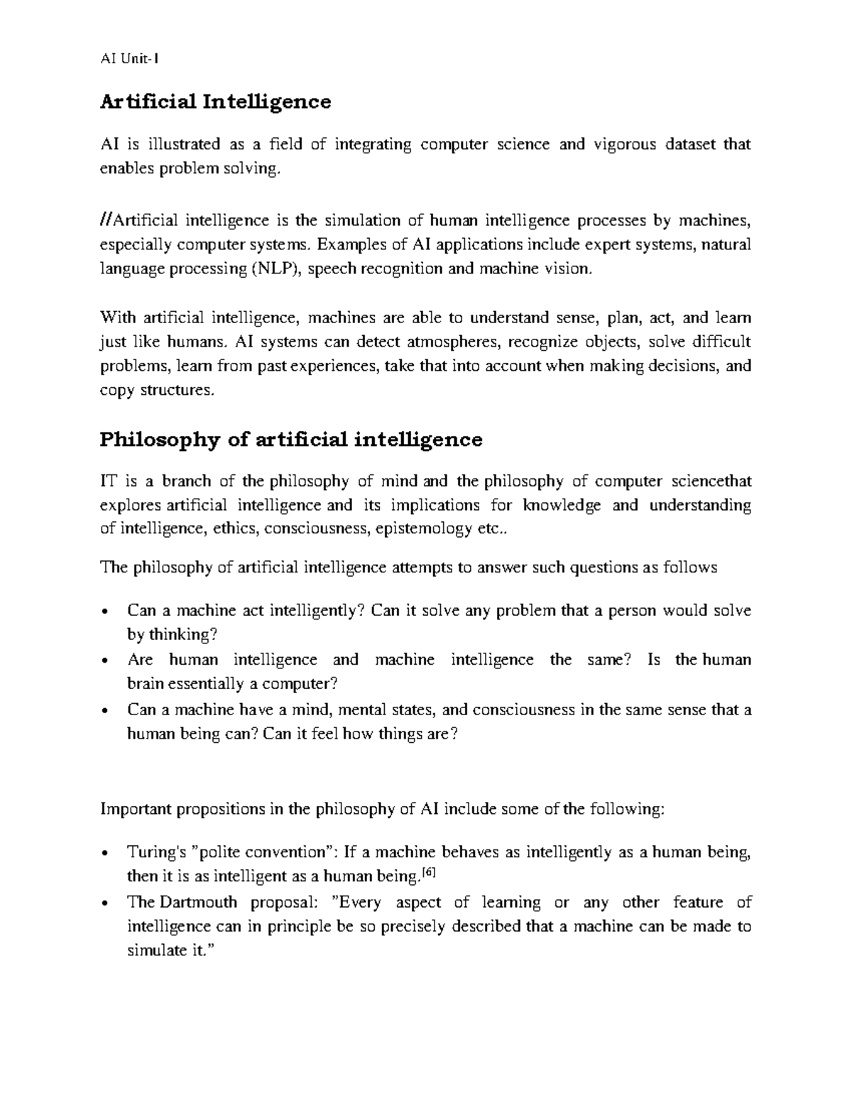 AI Unit-1: Overview of Artificial Intelligence and Its Applications ...