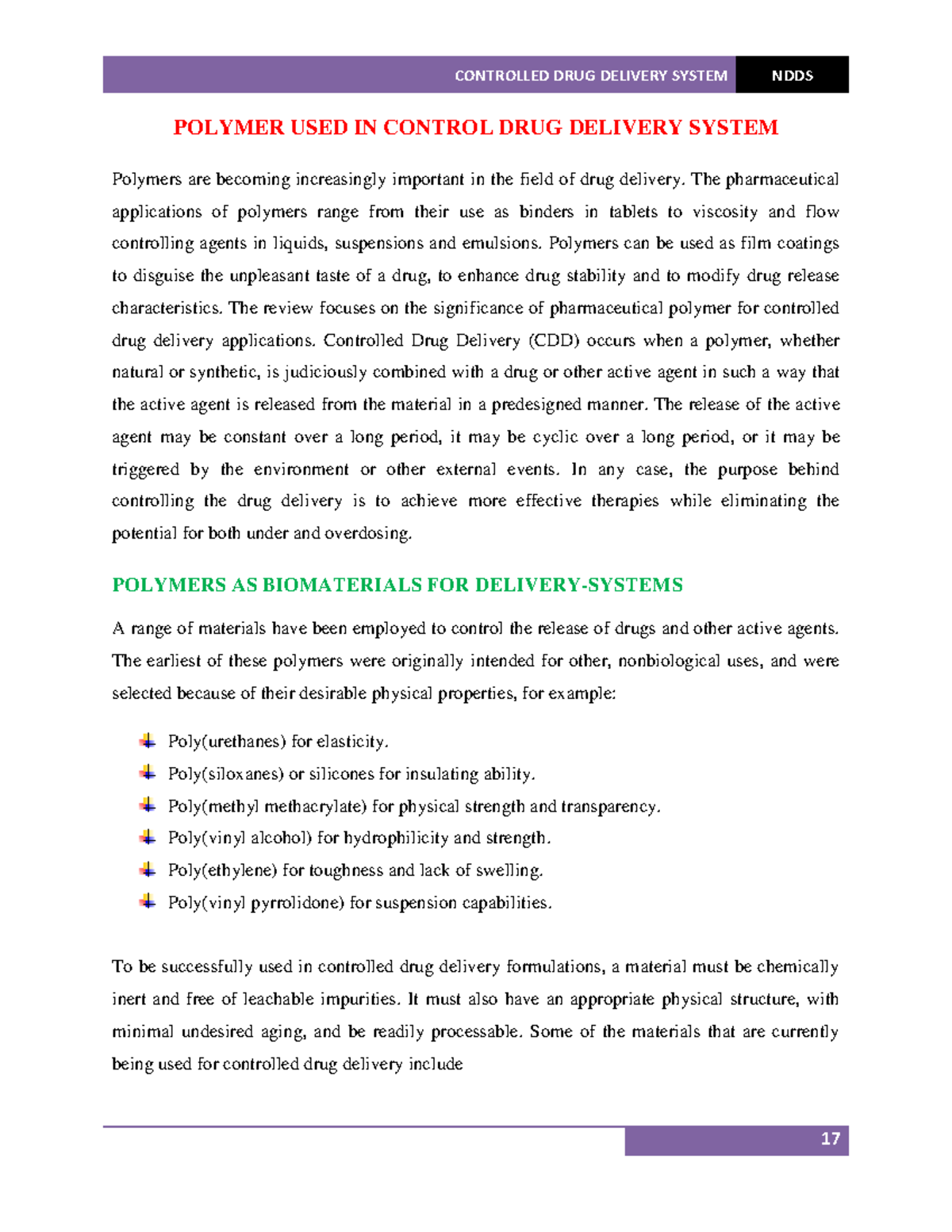 Properties Of Polymers In Ndds