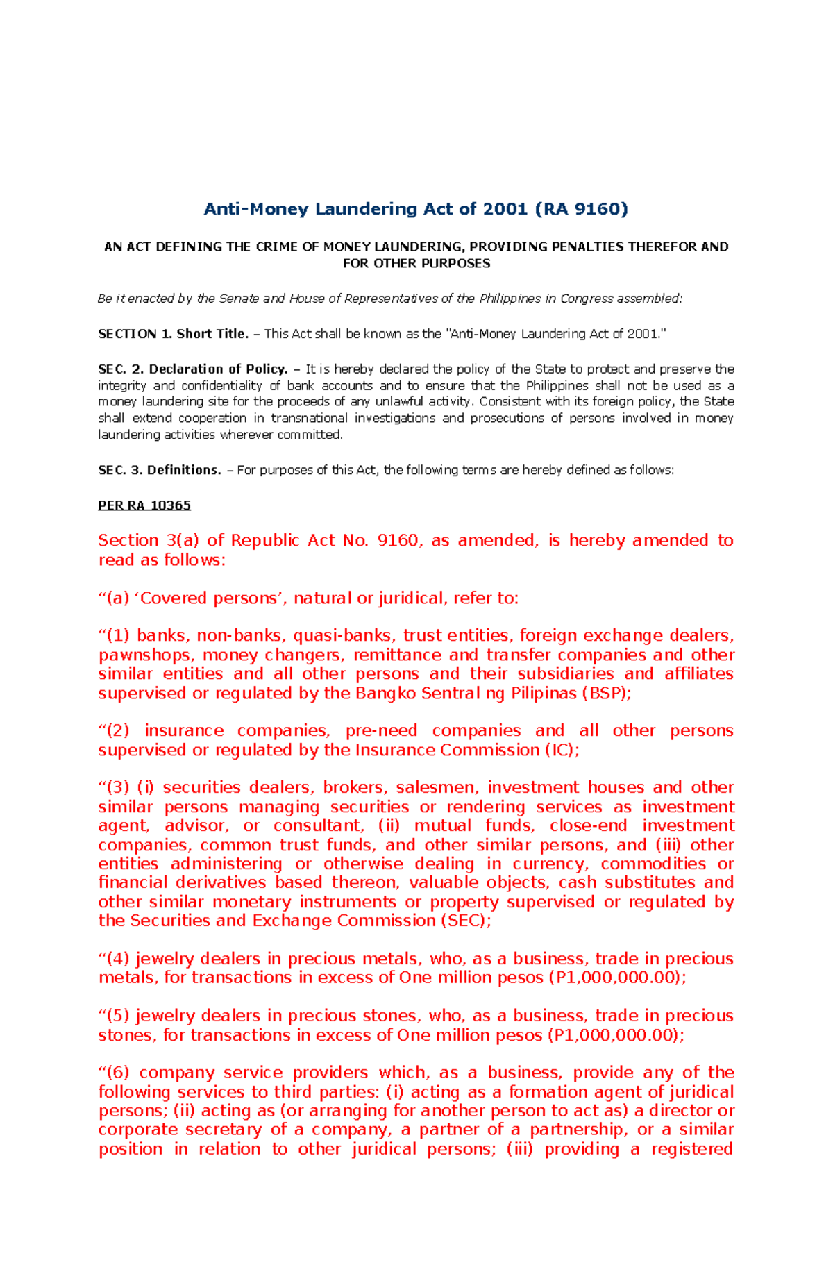 AMLA RA 9160 Amended BY 9194 AND 10365 amended - Anti-Money Laundering ...