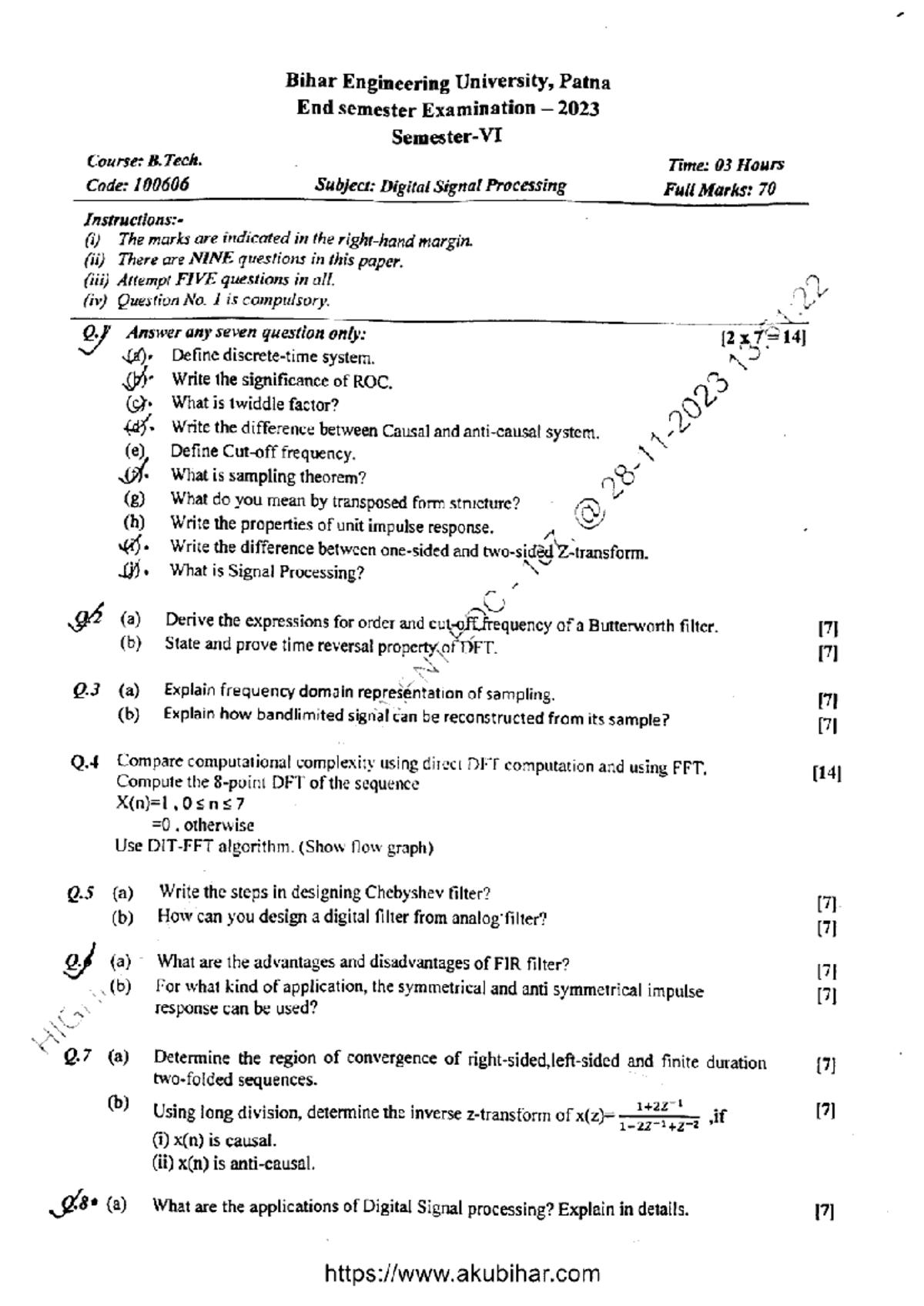 B.Tech 100606 Digital Signal Processing End Sem Exam 2023 Guide - Studocu
