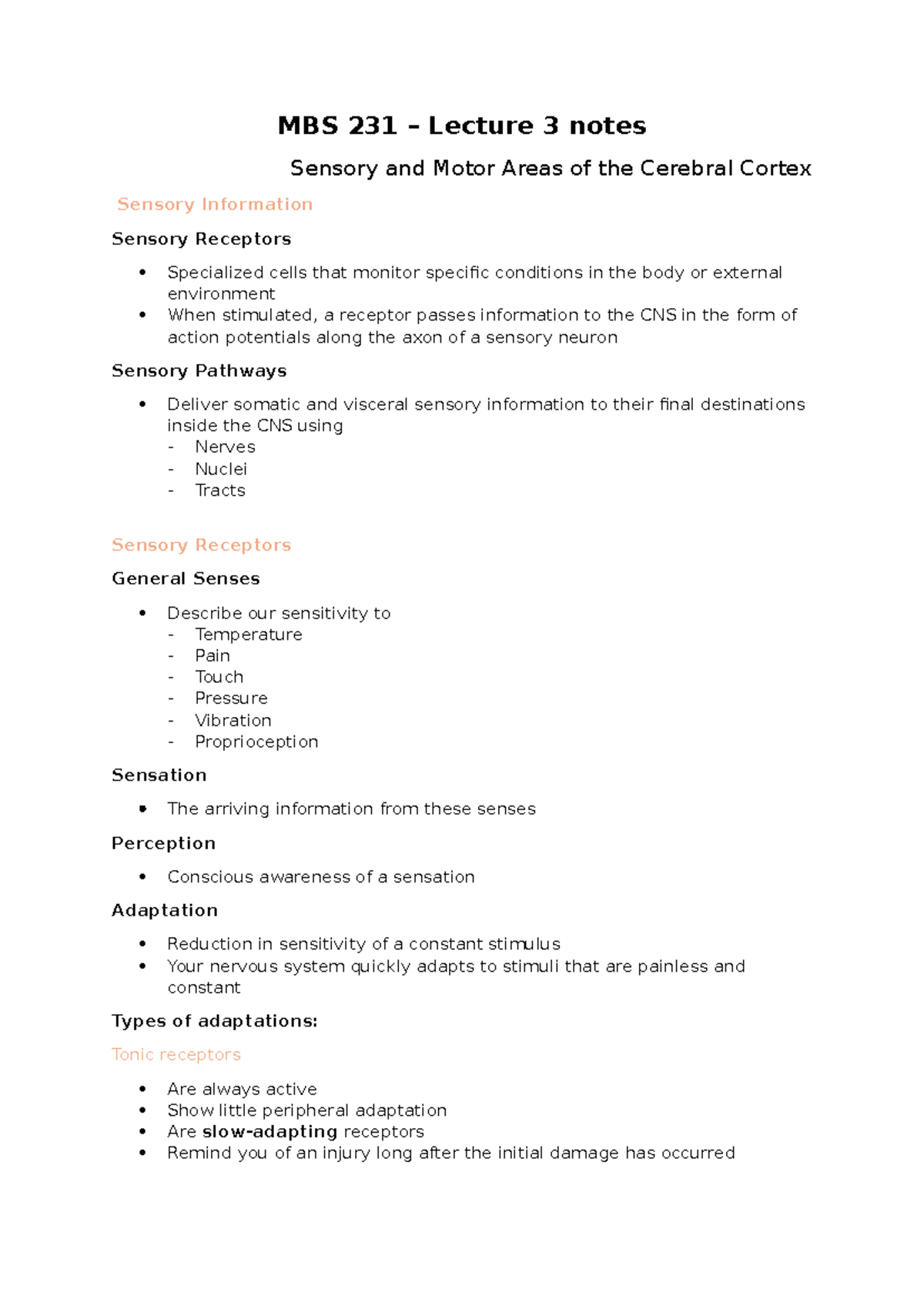 MBS 231 Lecture 3 Notes: Sensory and Motor Areas of the Cortex - Studocu
