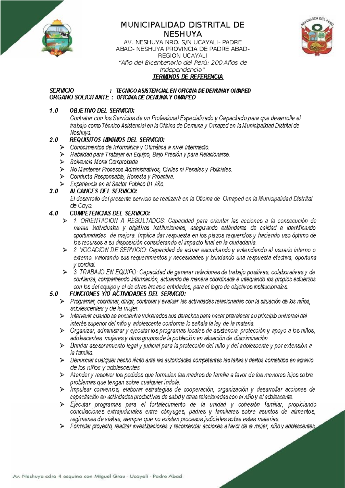 TDR Omaped: Servicio Técnico Asistencial en Demuna y Omaped - Document Preview