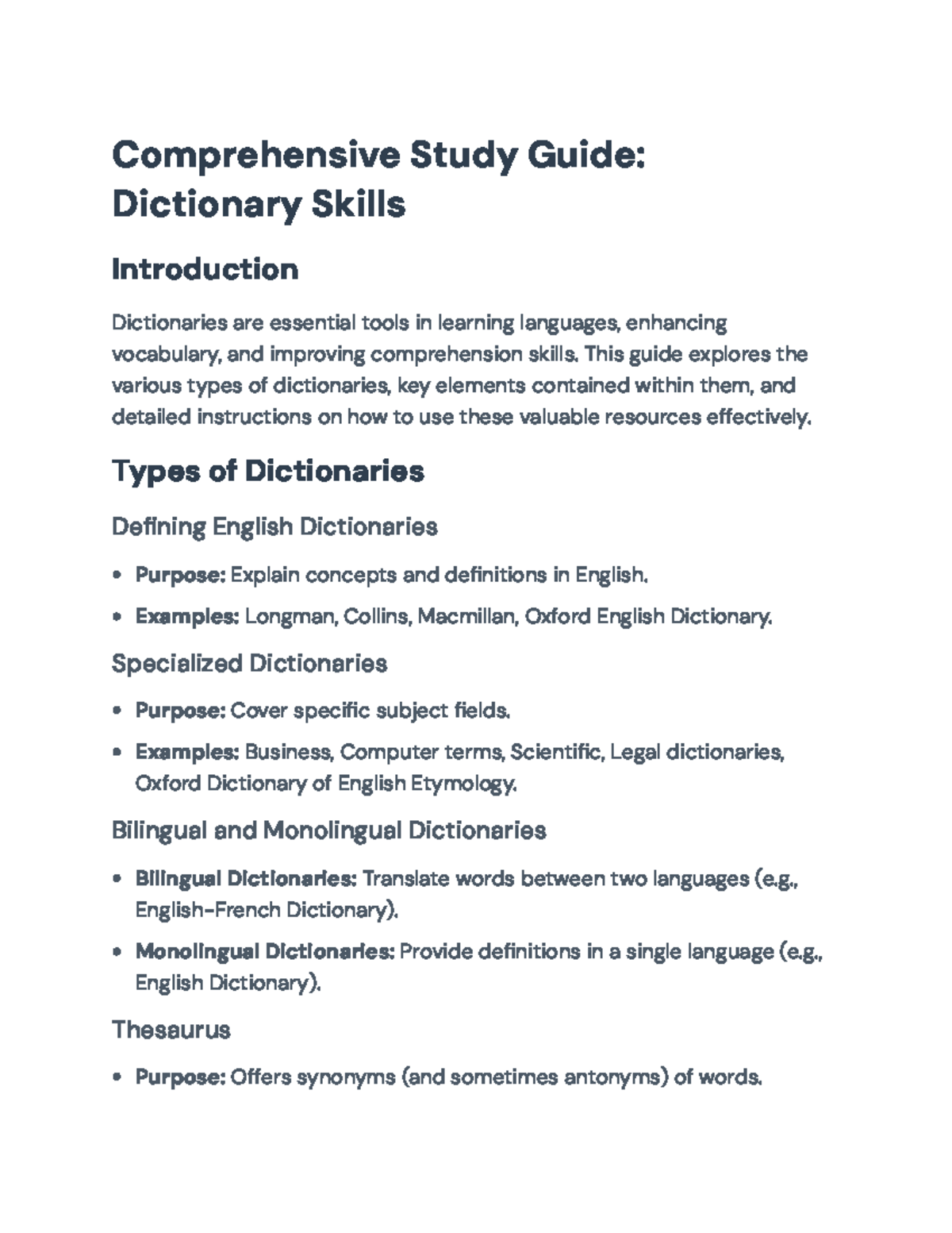 Comprehensive Study Guide: Mastering Dictionary Skills and Usage ...