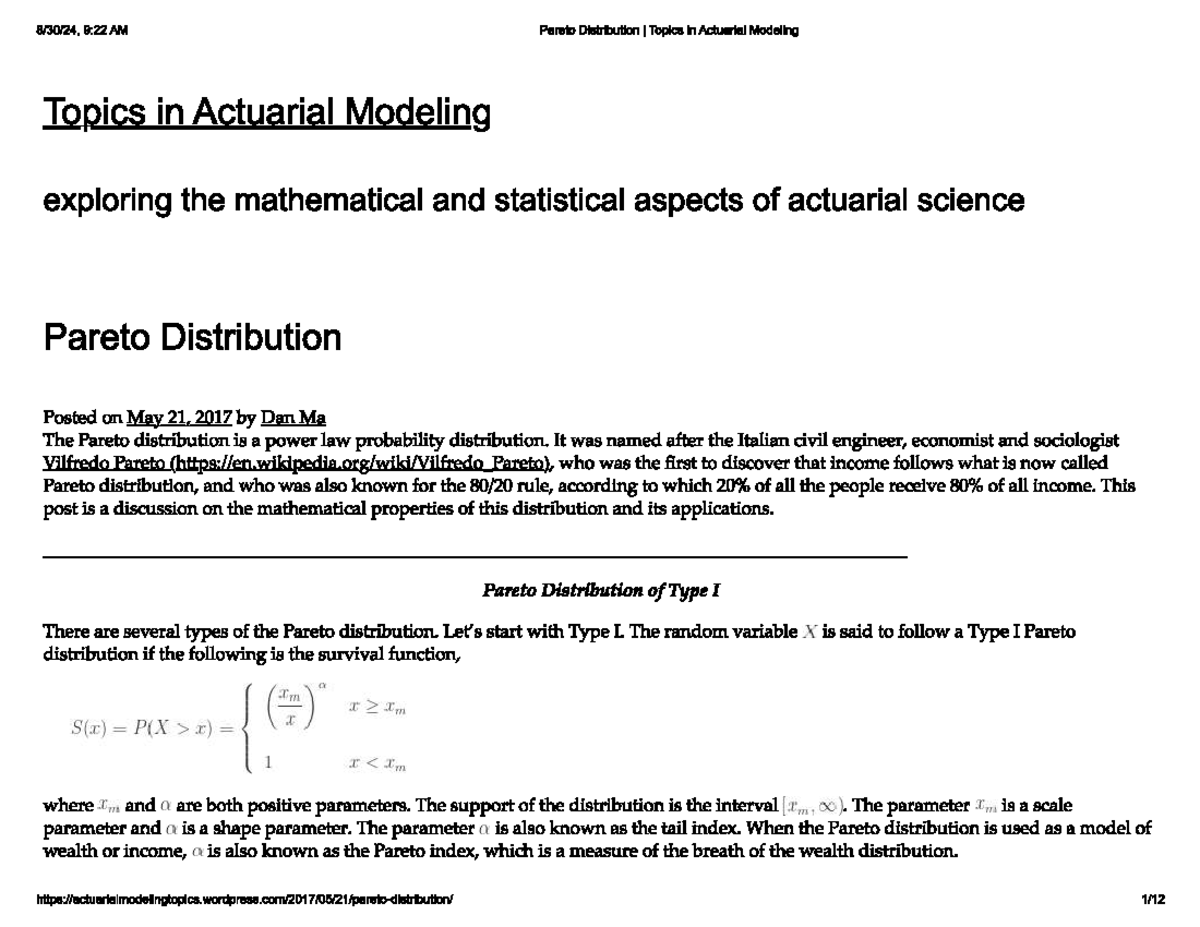 Topics in Actuarial Modeling: Understanding Pareto Distribution I - Studocu
