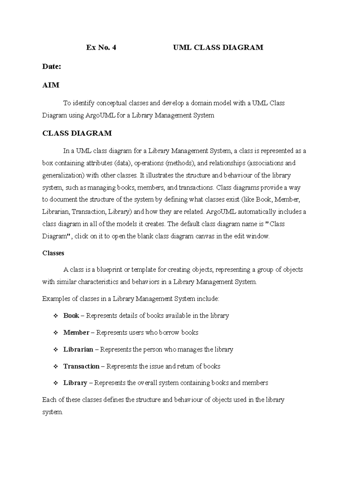 Ex No. 4 UML Class Diagram & Implementation for Library Management ...