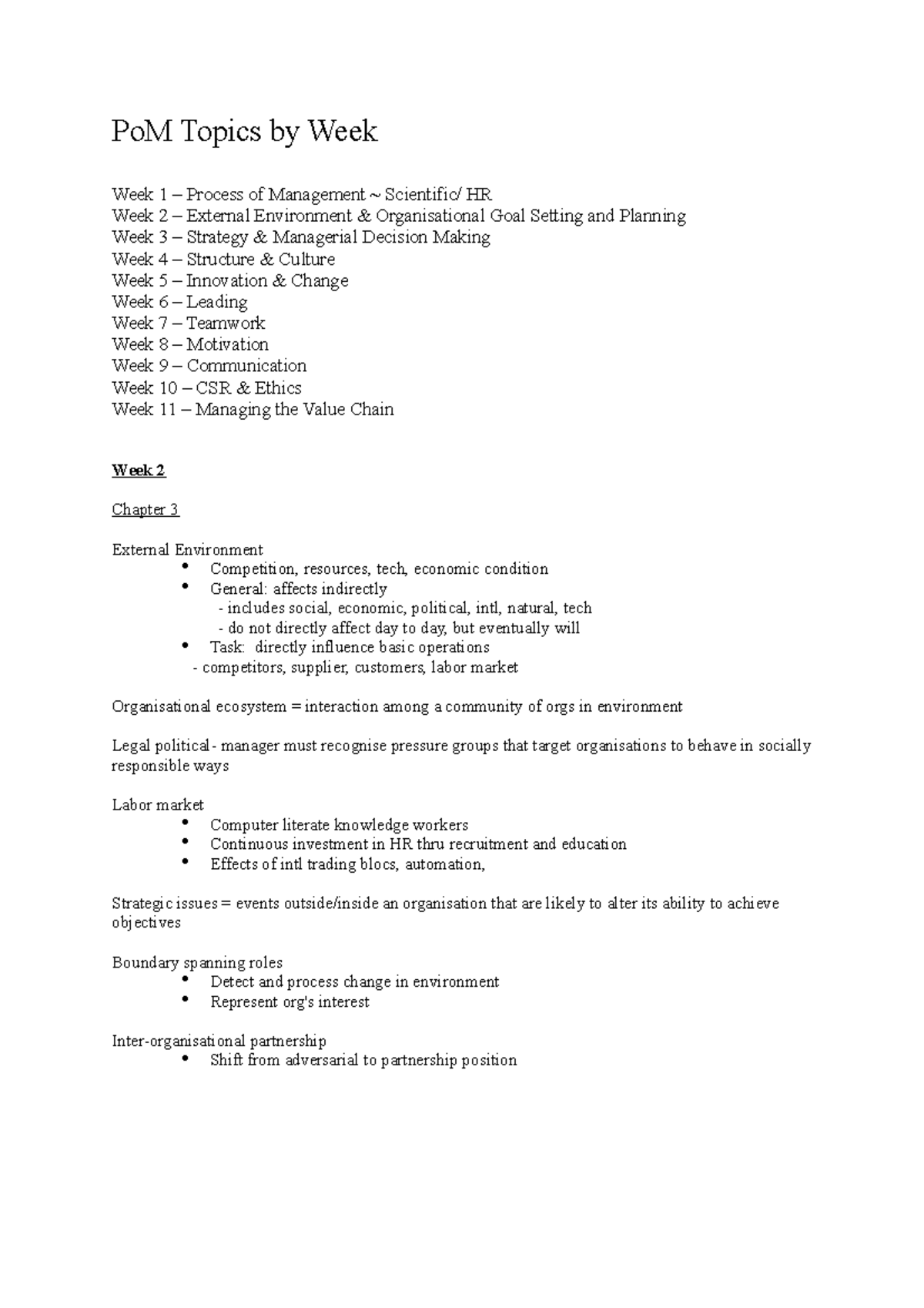 Principle of Management Notes Lecture 1-12 - PoM Topics by Week Week 1 ...