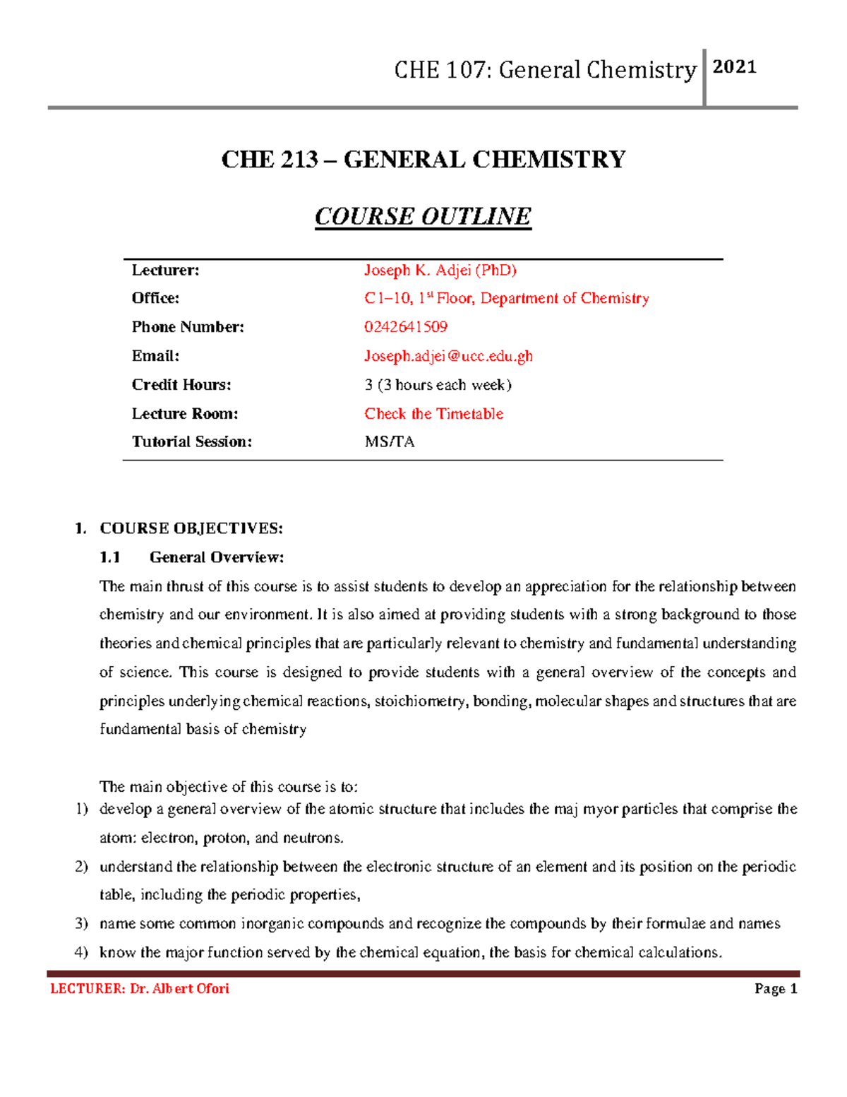 CHE 107: General Chemistry Course Outline 2021 - Studocu