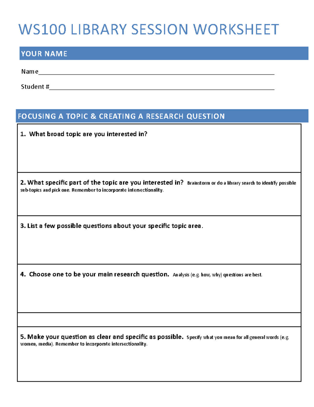 WS100 Library Research Session Worksheet Guide - Studocu
