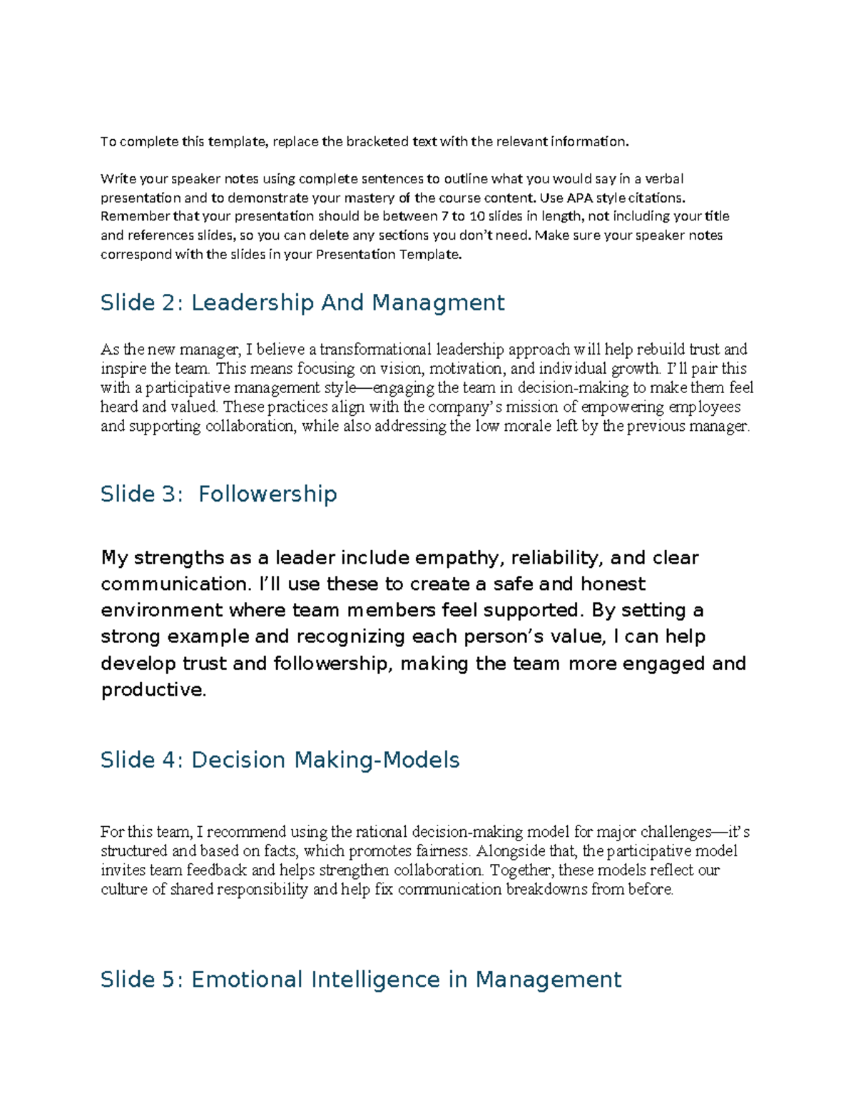 Speaker Notes for Leadership & Management Presentation (MOD 7) - Studocu