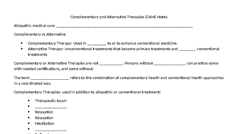 Complementary and Alternative Therapies (CAM) Overview Notes - Studocu