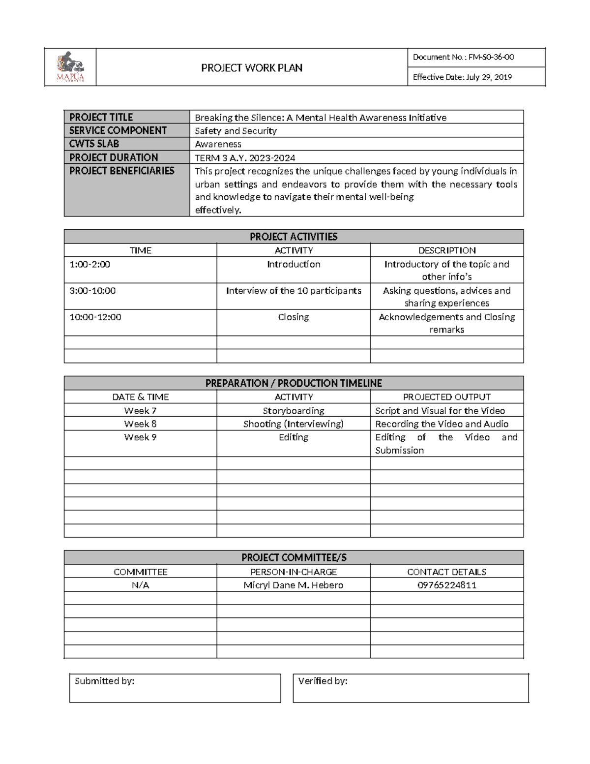 PWP 23-24: Project Work Plan for Mental Health Awareness Initiative ...