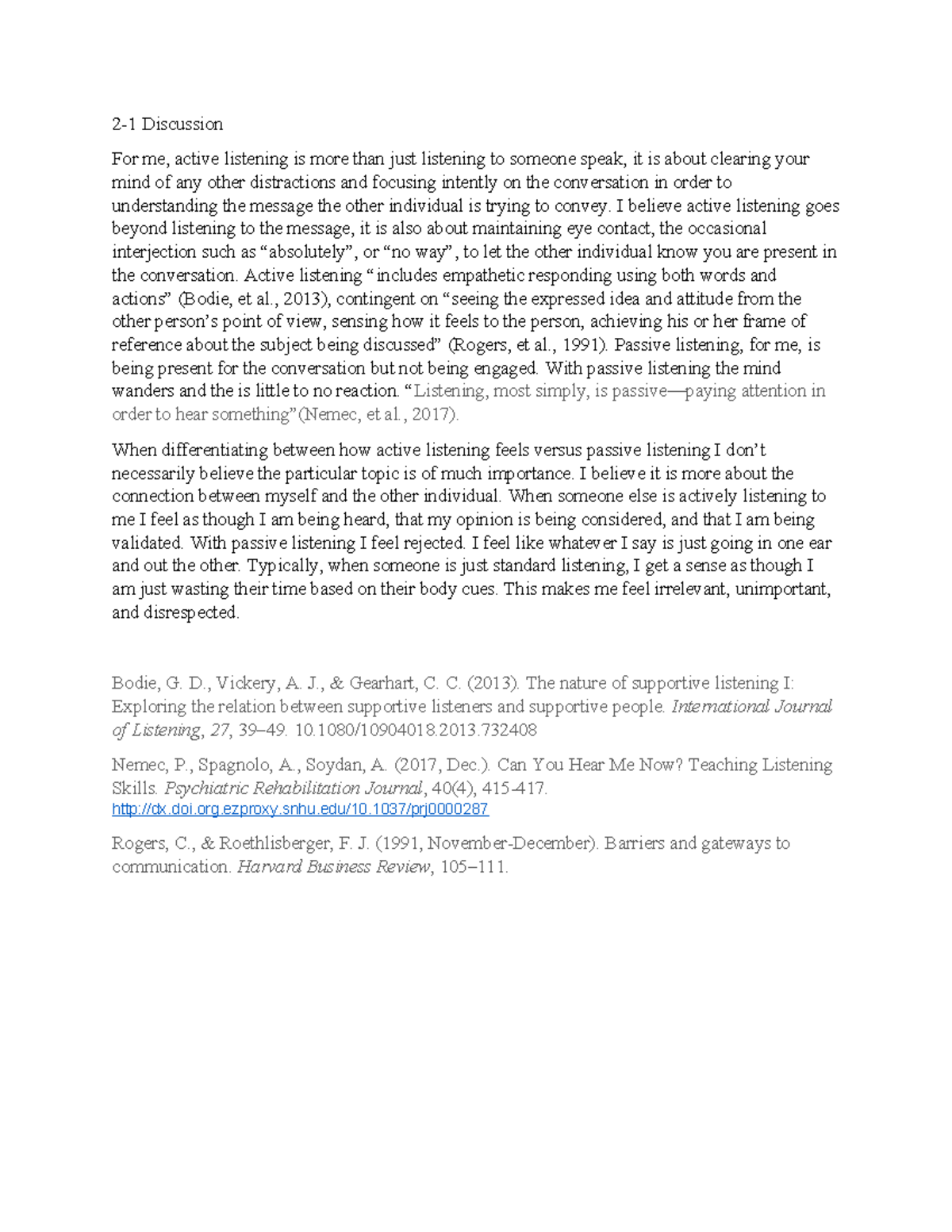 PSY-315-H3922 2-1 Discussion: The Importance of Active Listening - Studocu