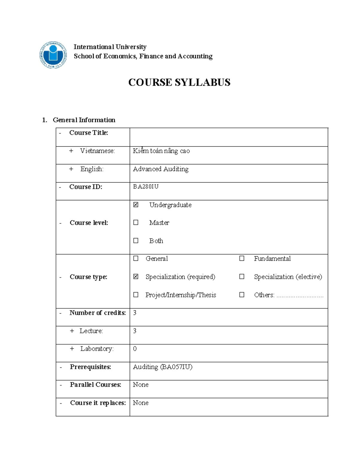 BA280IU Advanced Auditing Course Syllabus and Assessment Overview - Studocu