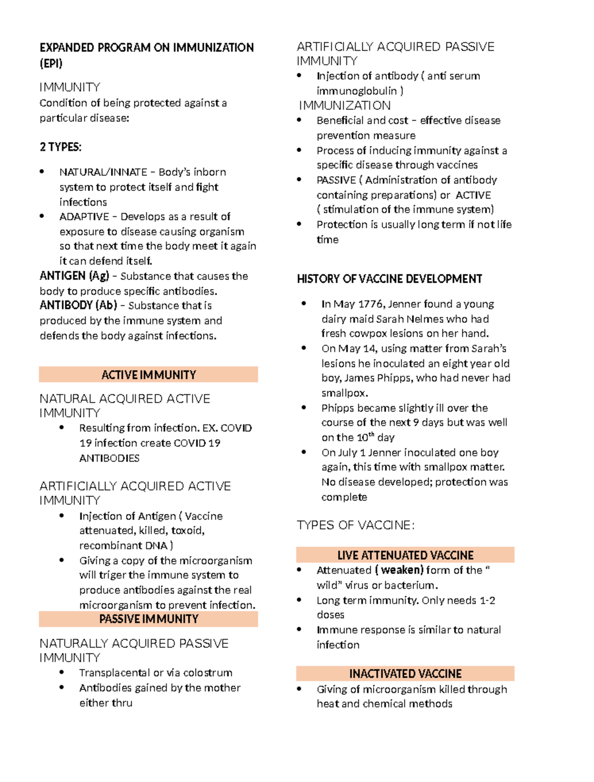 EPI memorized - EXPANDED PROGRAM ON IMMUNIZATION (EPI) IMMUNITY ...
