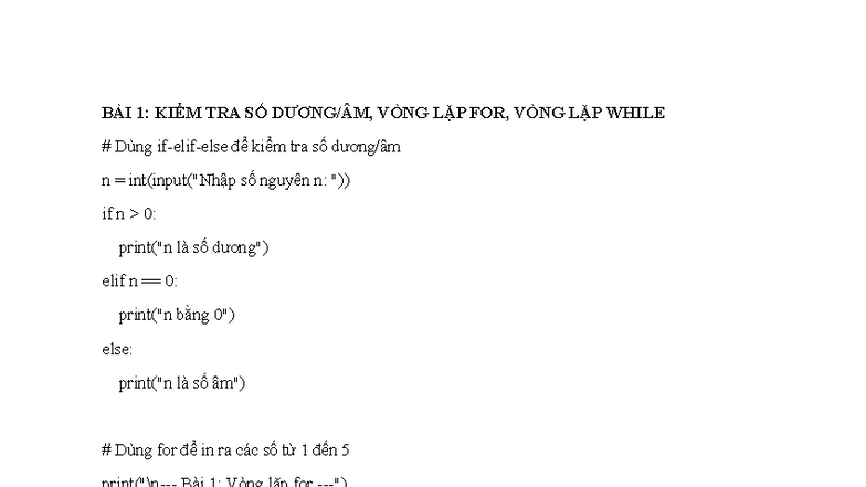 BÀI TẬP PYTHON: VÒNG LẶP, TÍNH TOÁN VÀ MA TRẬN - Studocu
