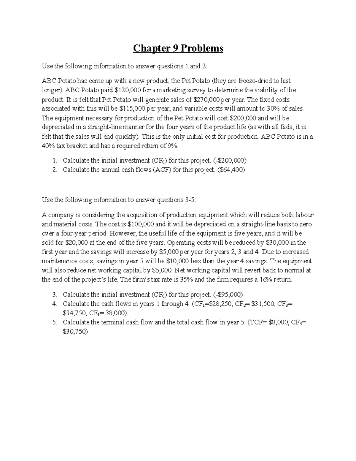 Chapter 9 Problems - Practice Questions & Cash Flow Analysis - Studocu