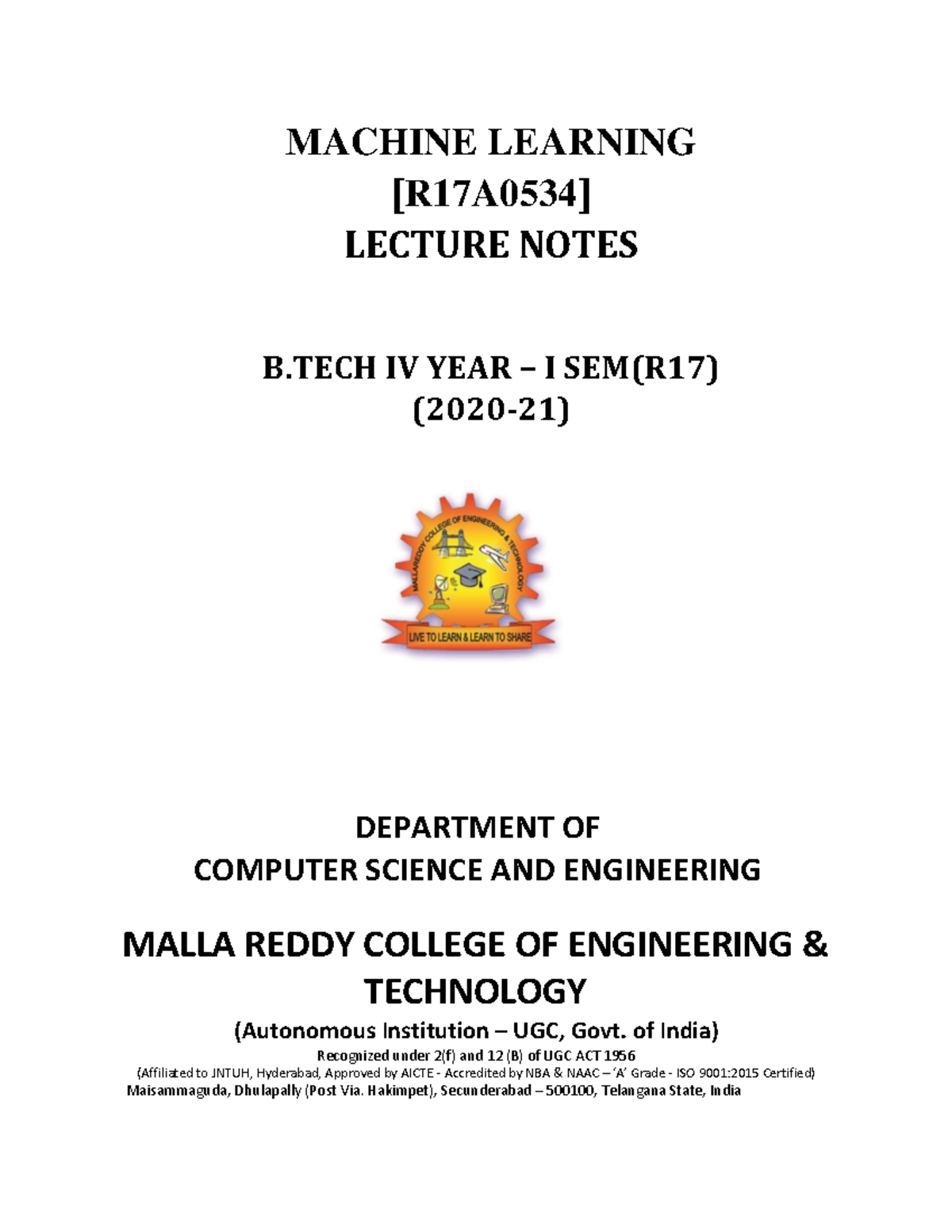 Machine Learning Lecture Notes [R17A0534] - IV Year CSE 2020-21 - Studocu