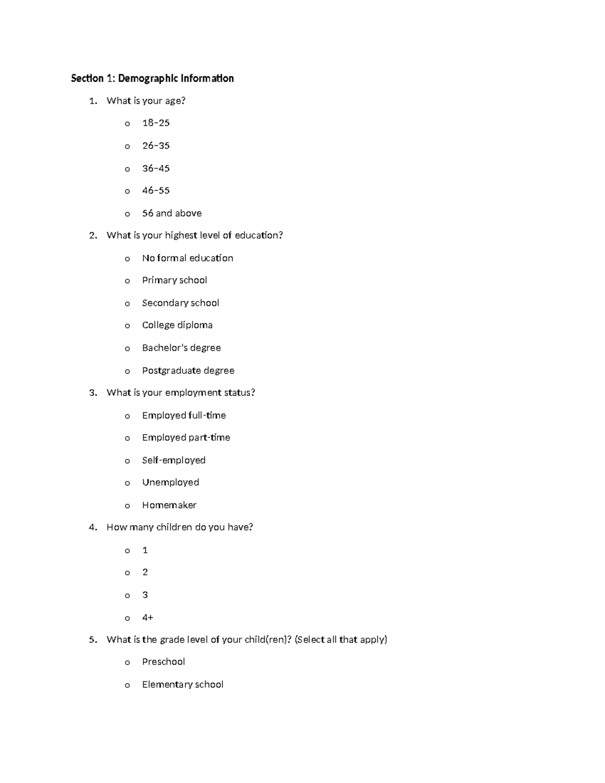 Sample questionaire in research - Section 1: Demographic Information 1 ...