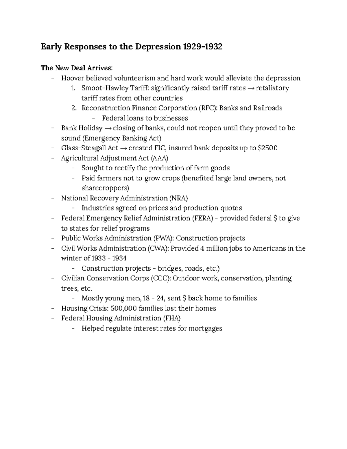 Chapter 22 APUSH Class Notes: Early Responses to the Great Depression ...