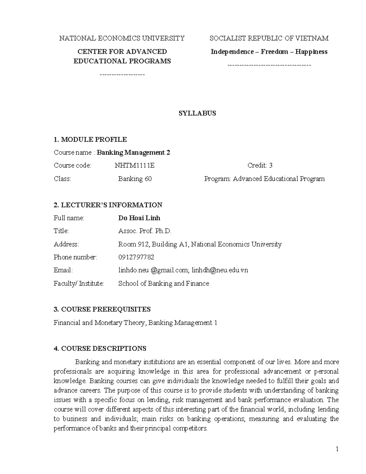 Syllabus for Banking Management (NHTM 2) - Aug 2025 - Studocu