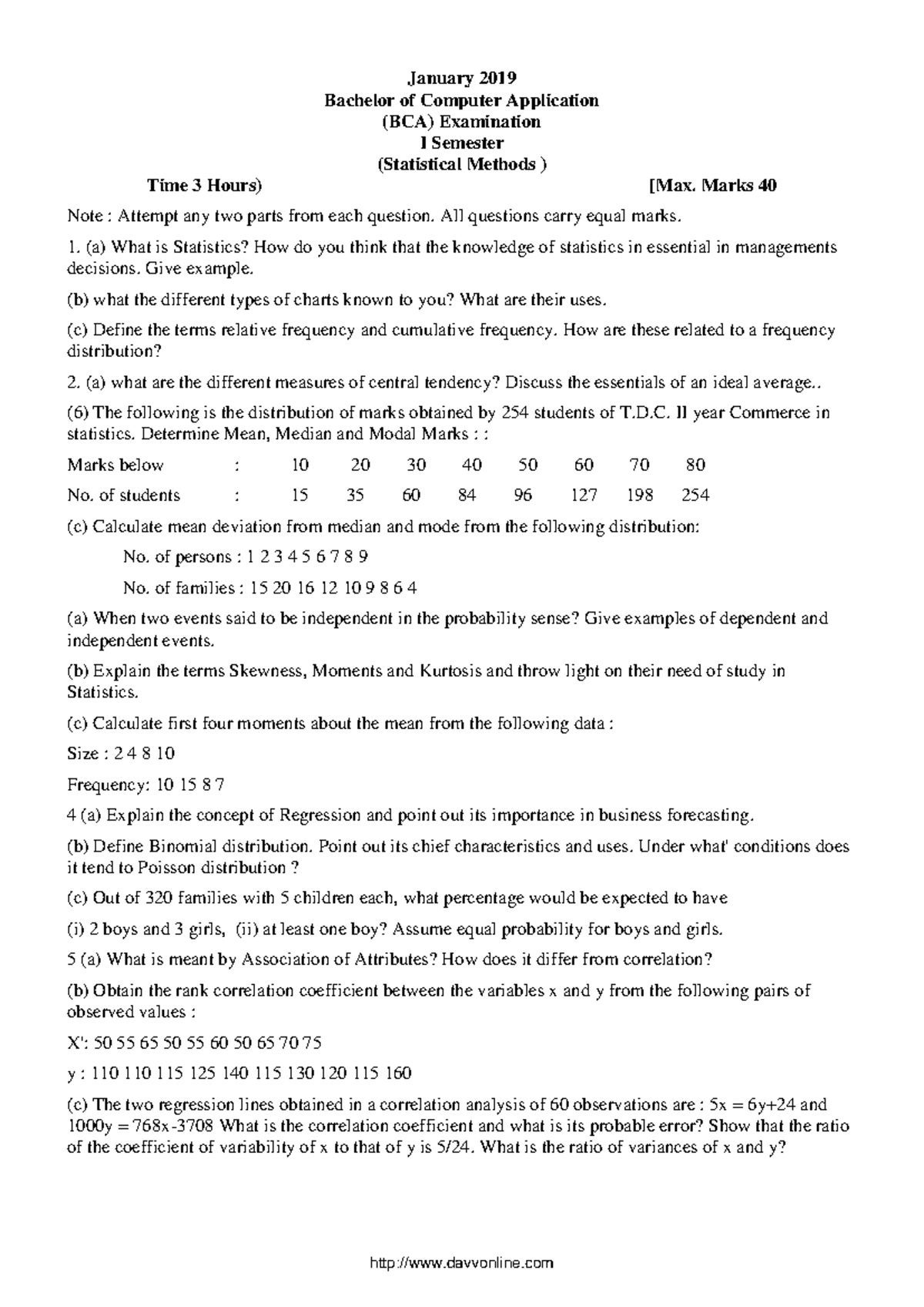 BCA 1 Sem Statistical Methods Exam - January 2019 Review Notes - Studocu