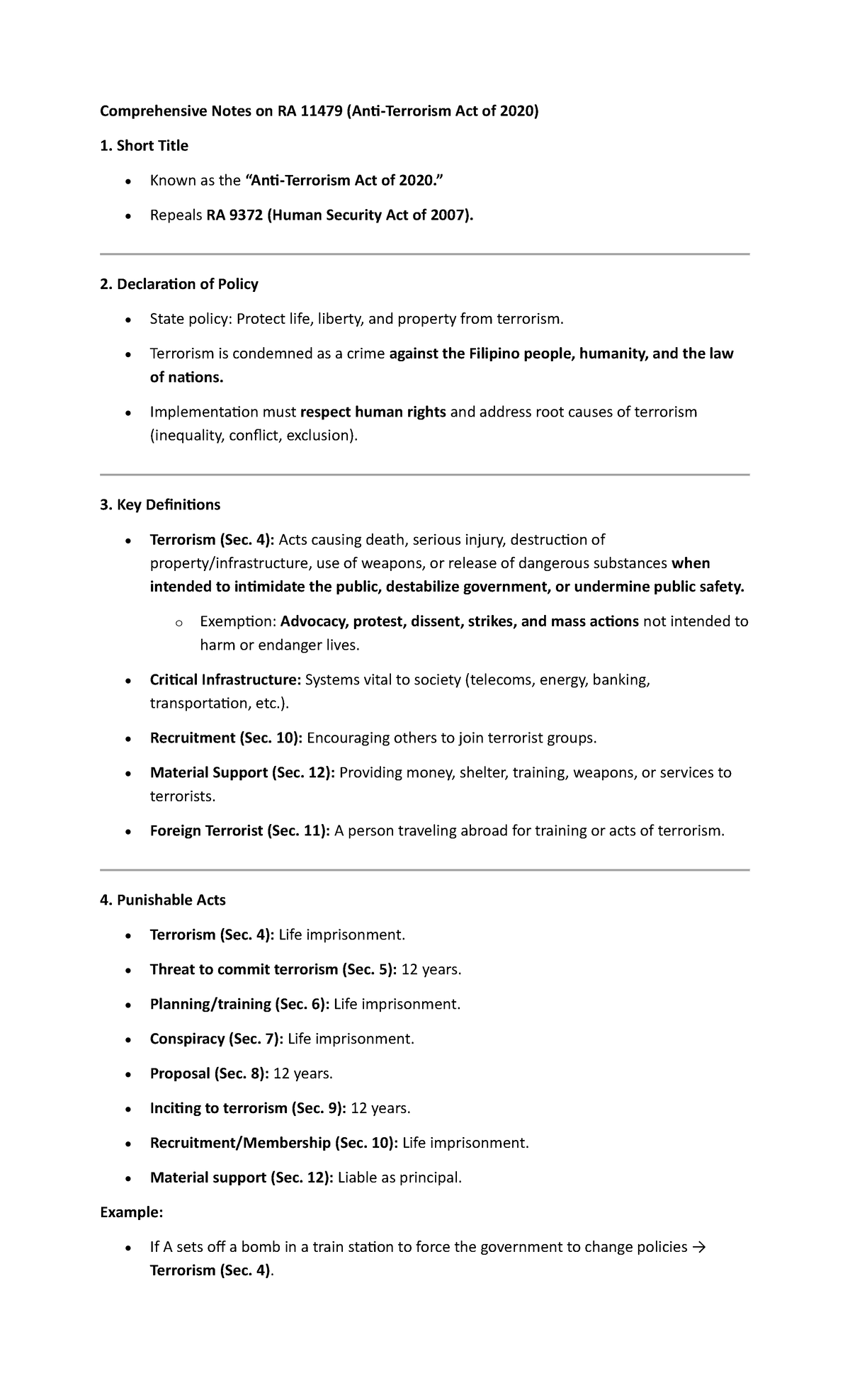 Comprehensive Notes on RA 11479: The Anti-Terrorism Act of 2020 - Studocu