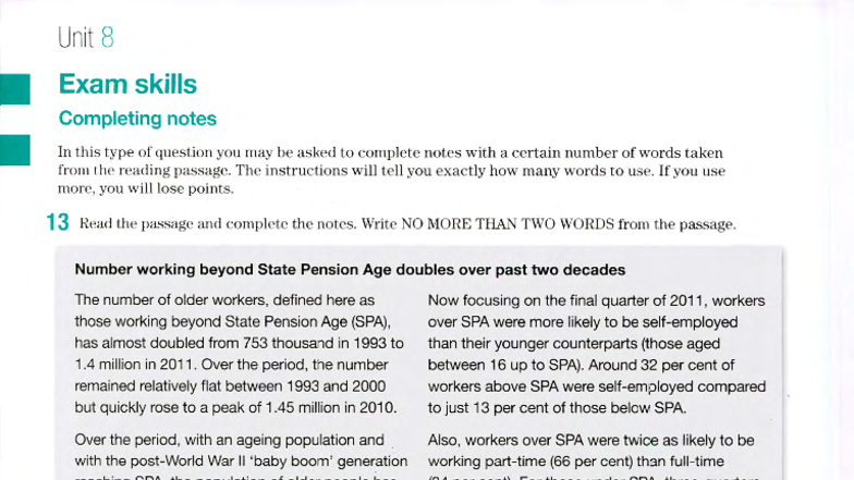 Unit 8 Exam Skills: Completing Notes for IELTS Reading - Studocu
