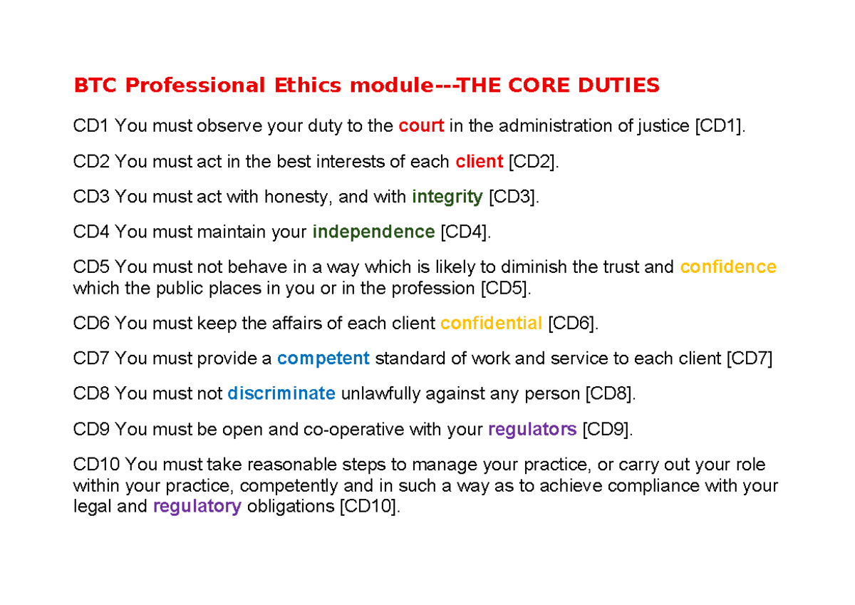 BTC Professional Ethics: Core Duties Overview - Studocu