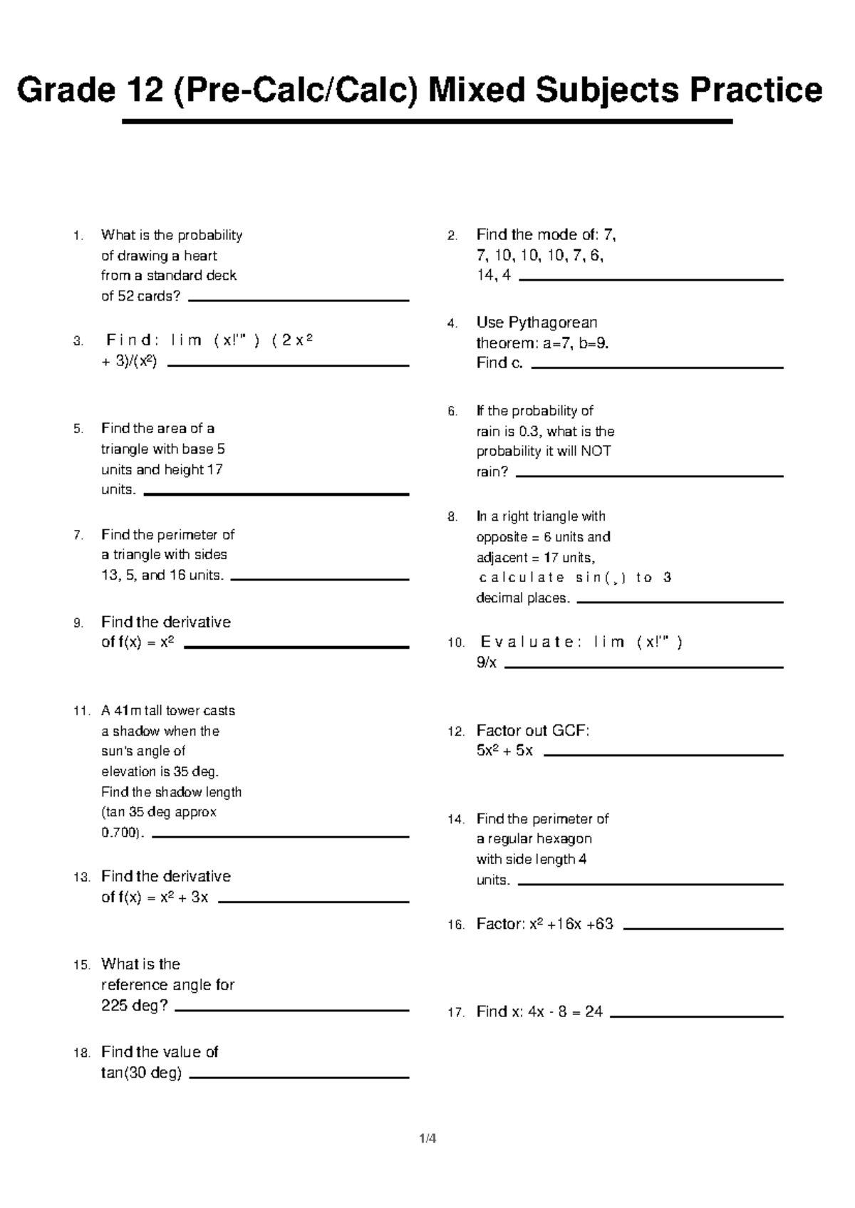 Grade 12 Math (Calc) Mixed Subjects Practice 8 - Studocu