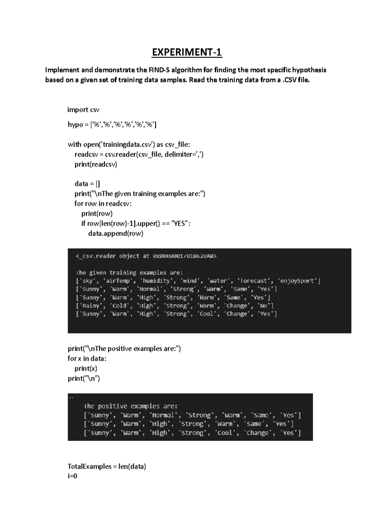 MLT LAB FILE: Algorithm Implementation for Hypothesis Learning and ...