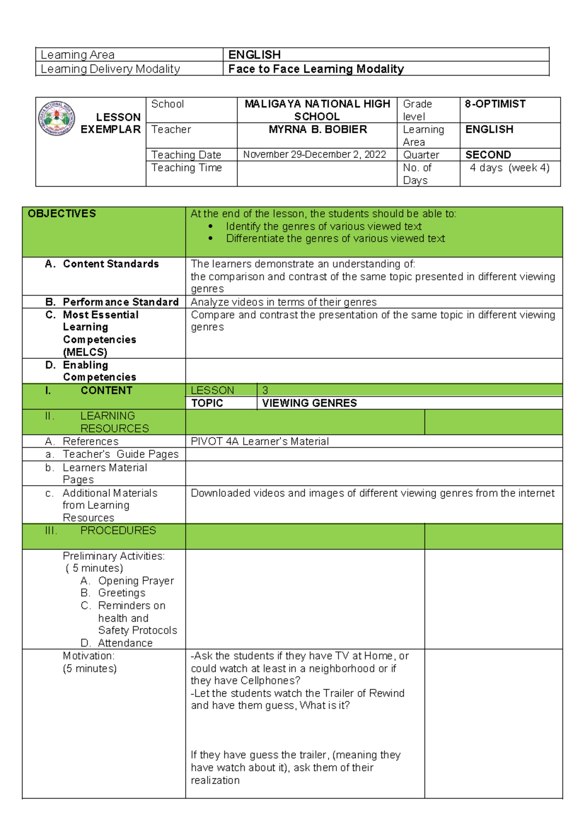 G8 English Lesson: Understanding Viewing Genres Exemplar - Studocu