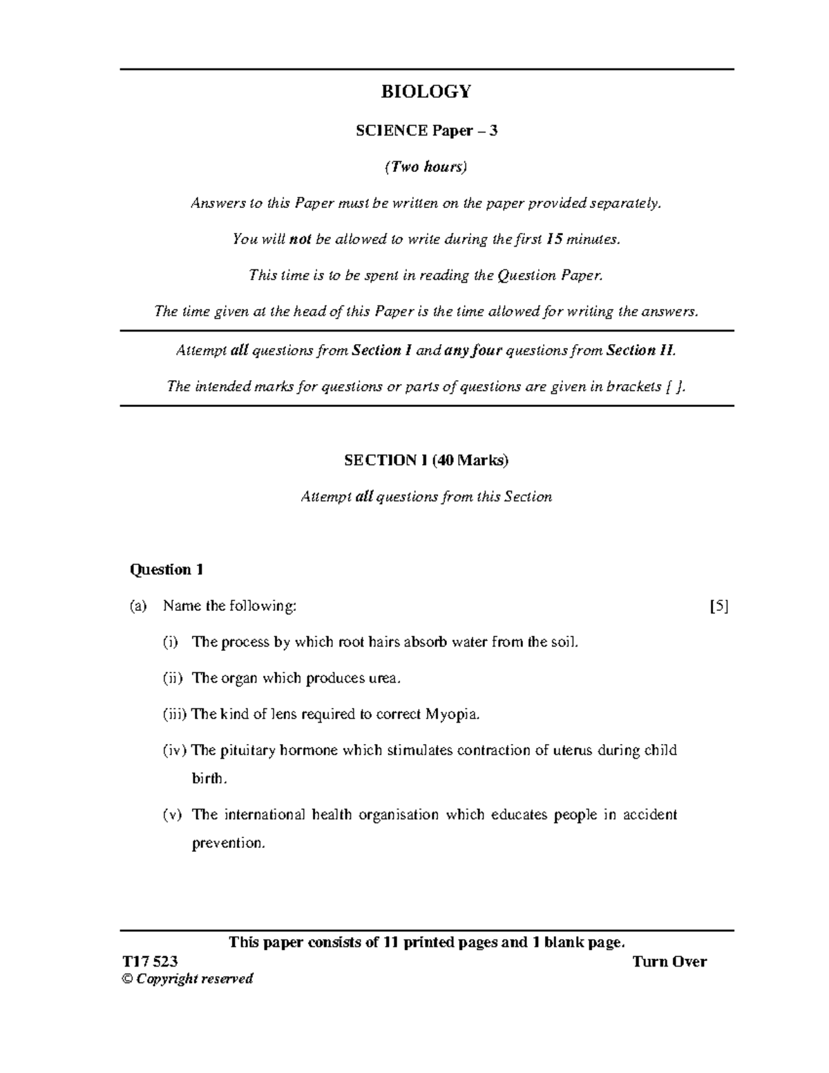 BIOLOGY SCIENCE Paper 3 (T17 523) Exam Questions and Answers - Studocu