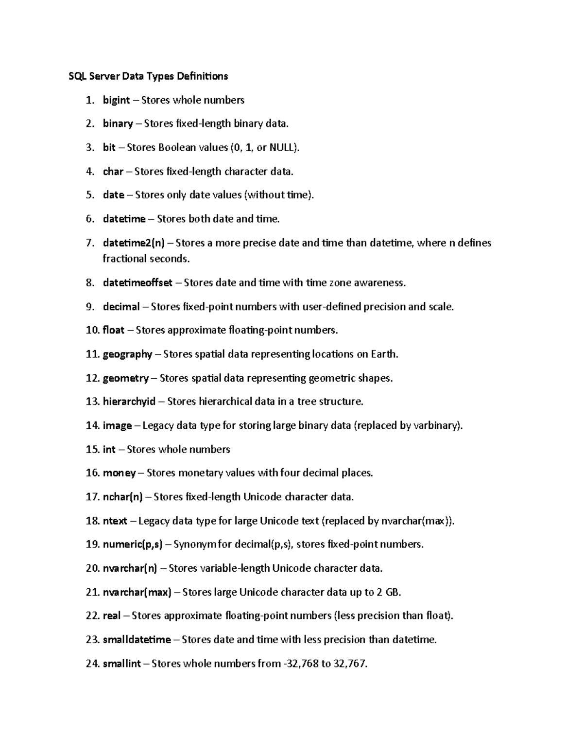 SQL Server Data Types Definitions - bigint – Stores whole numbers 2 ...