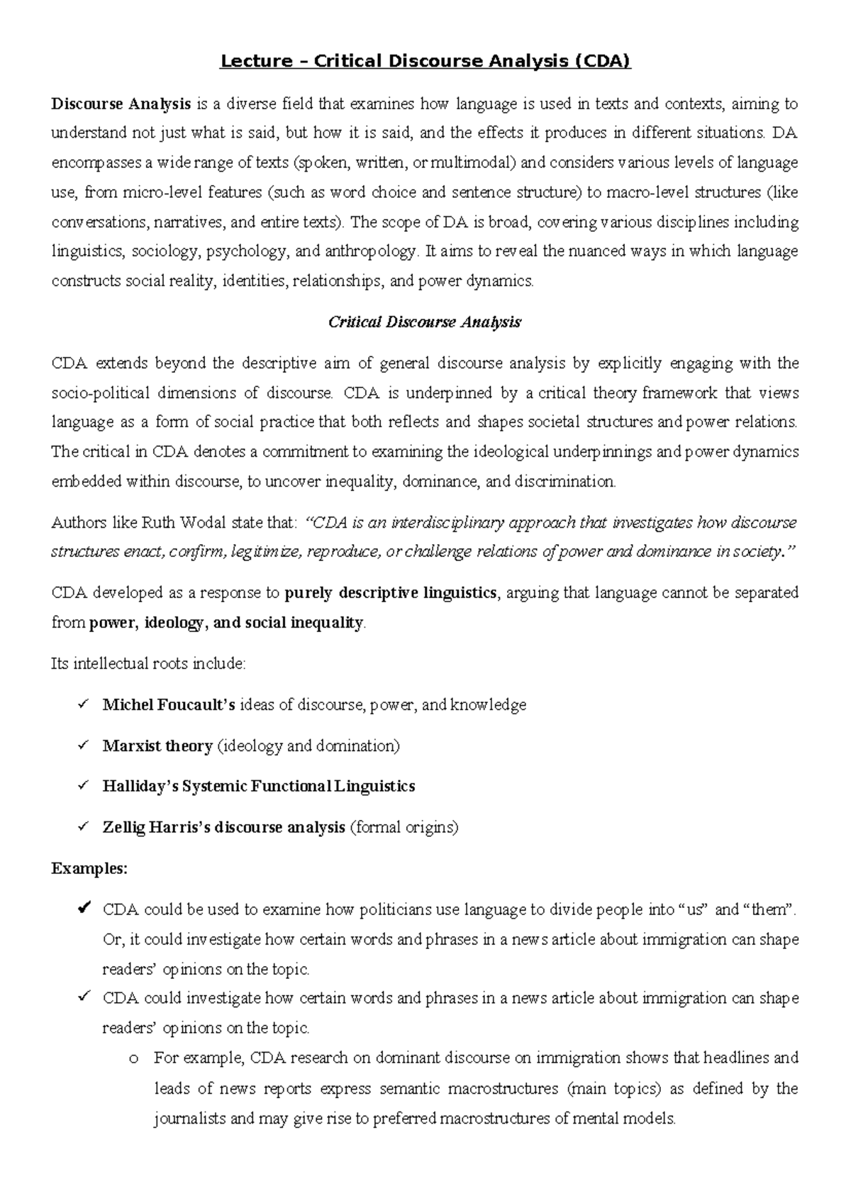 Lecture on Critical Discourse Analysis (CDA) and Its Implications - Studocu